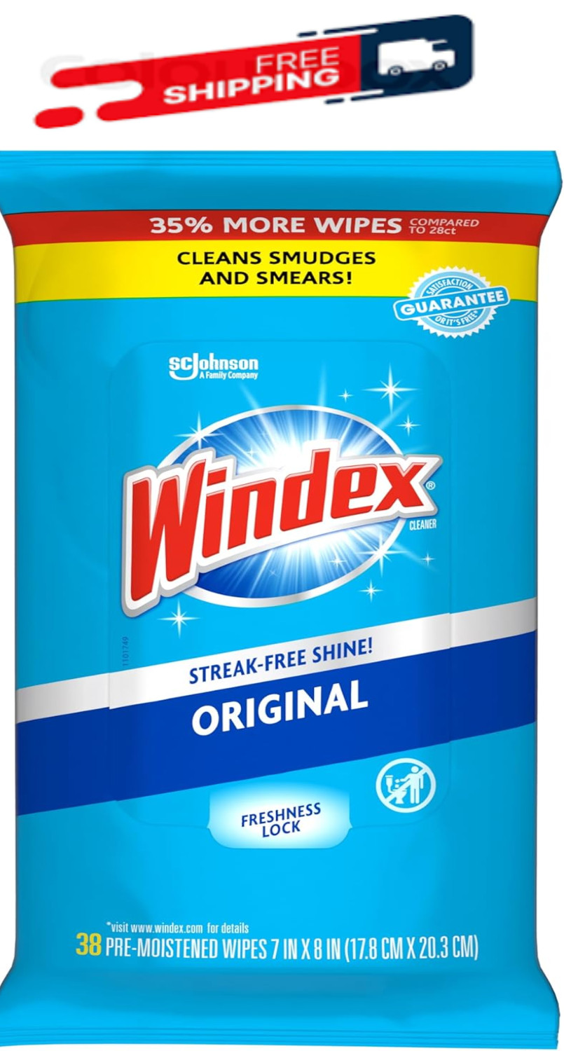 Windex Wipes Glass Cleaning AmmoniaFree,Pre-Moistened Glass and Surface 38 Count