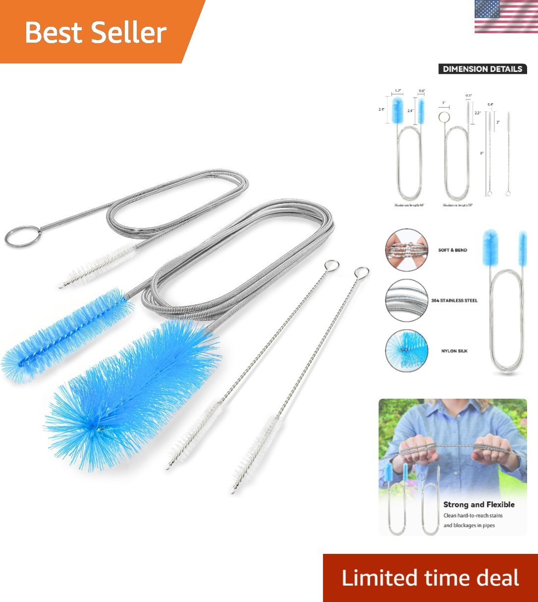 Versatile 66” Flexible Drain & Tube Brush Set: Effortless Cleaning for All Needs