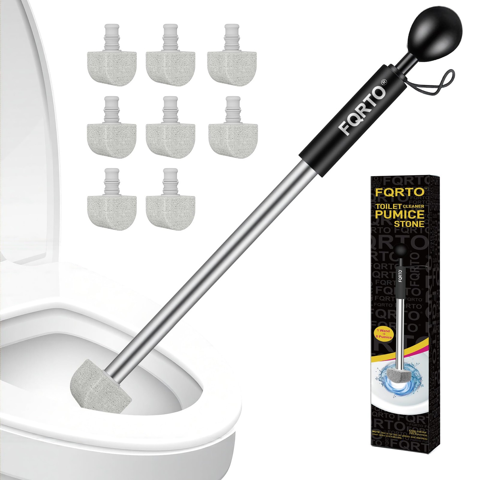 FQRTO 8-Pack Pumice Stone Toilet Cleaner with Long Handle – Hard 16, Black