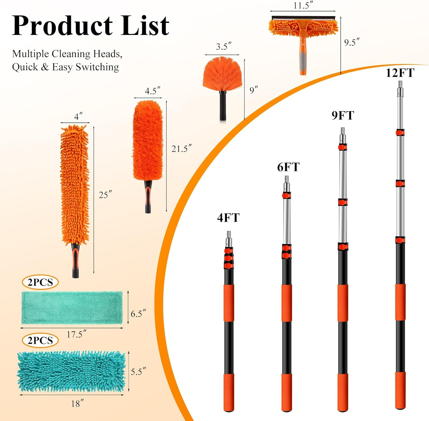20ft High Ceiling Duster Kit with 4-12ft Heavy-Duty Extension Pole, Cobweb Duste