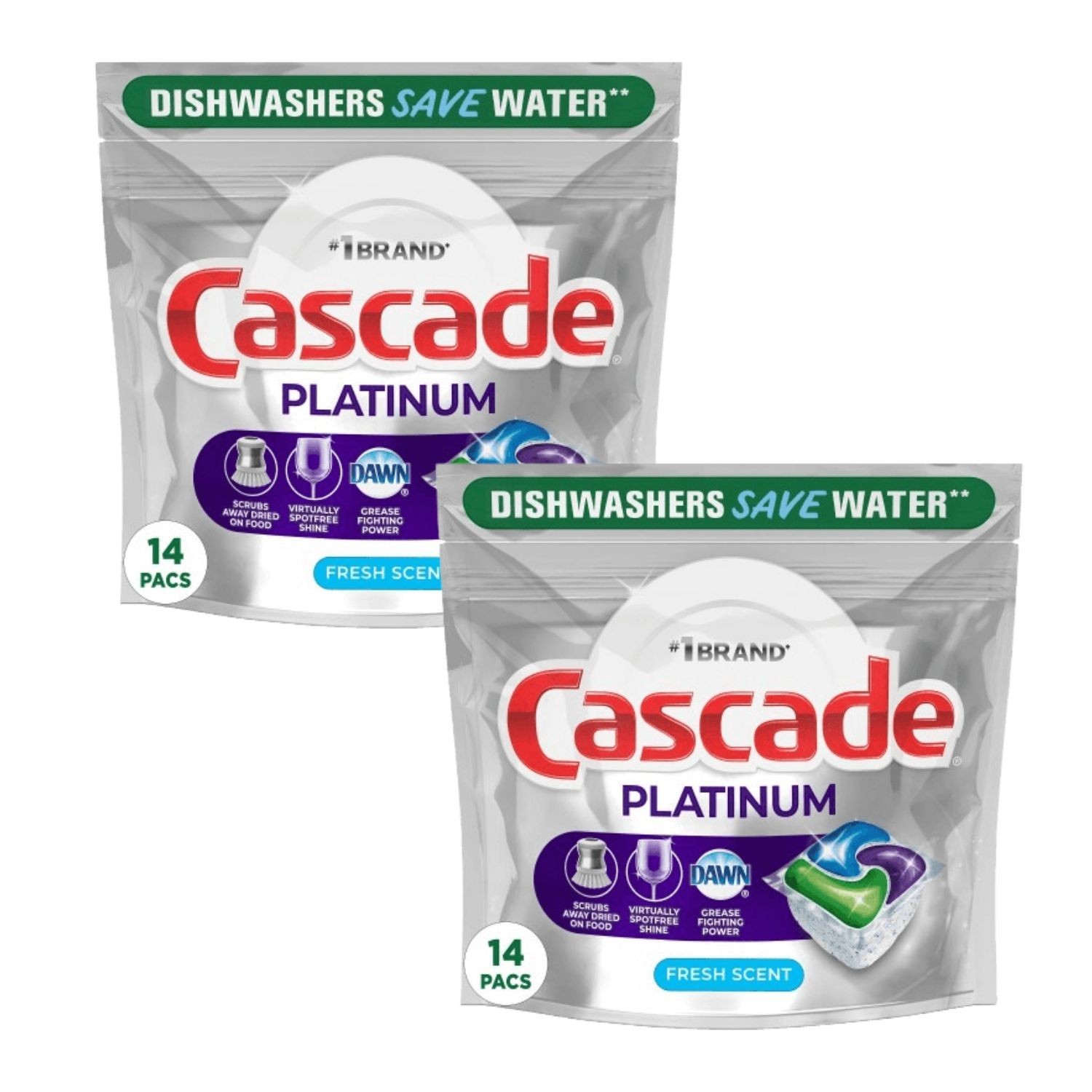 Pack of 2 Cascade Platinum Fresh Scent Pods Dishwasher Detergent 14/Pack 221 g