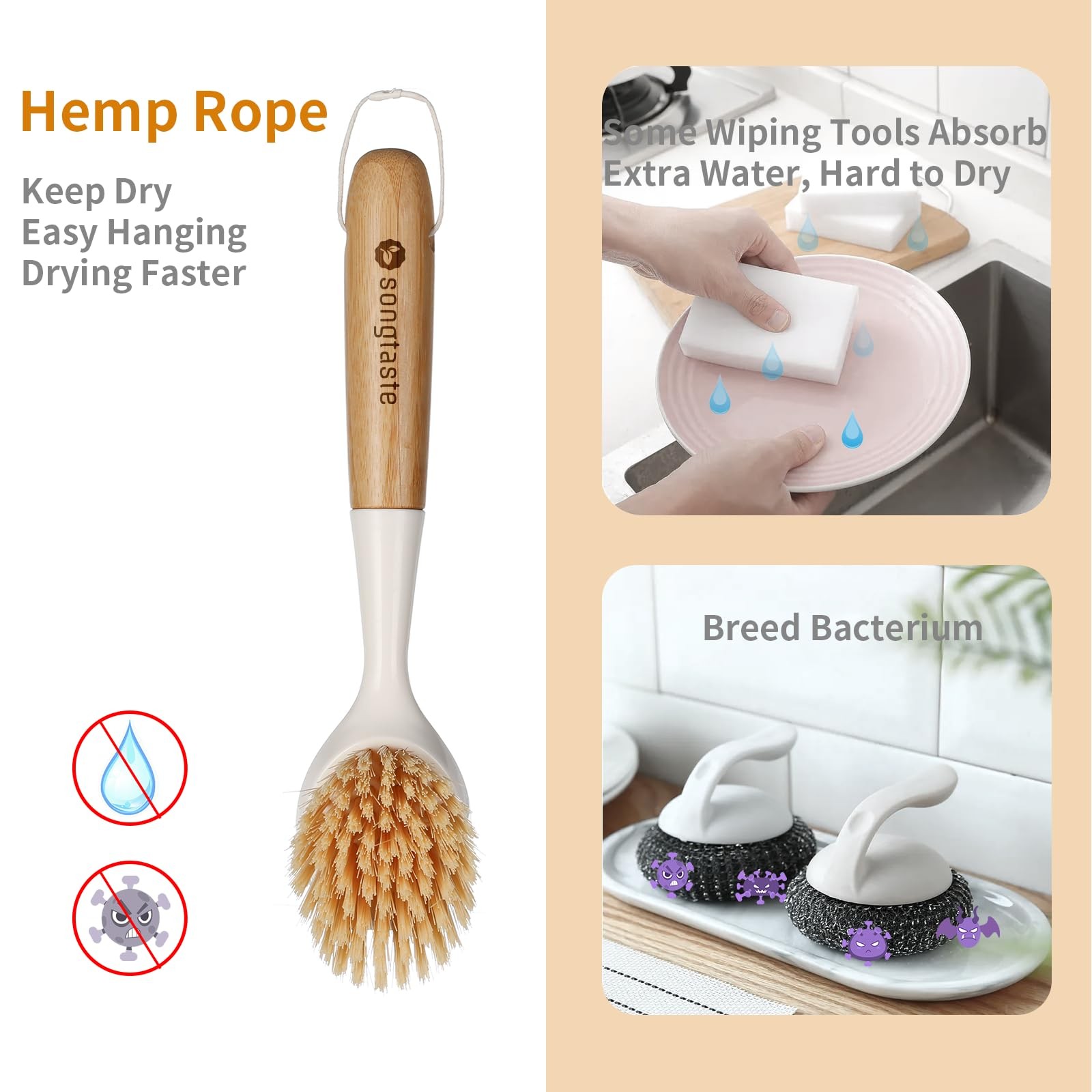 2 Pack Kitchen Dish Brush Bamboo Handle Dish Scrubber Builtin Scraper, Scrub …
