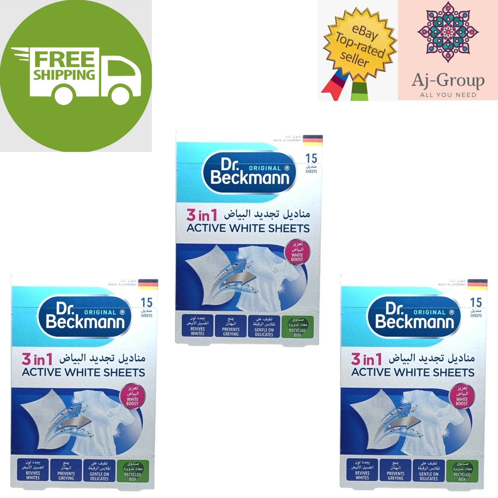 3 Pack Dr. Beckmann Active White Sheets (15 Sheets) Keeps Whites Bright & Fresh