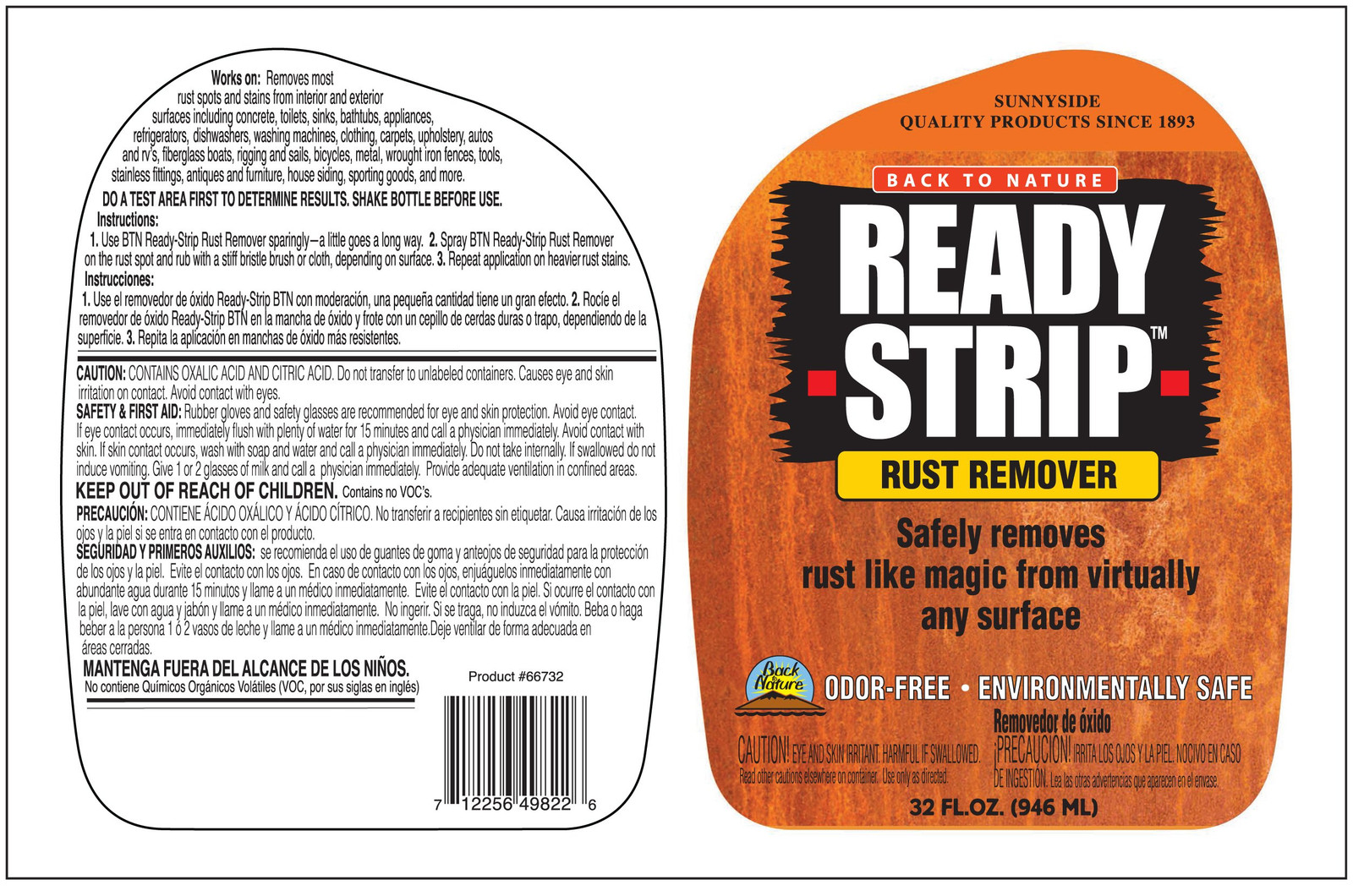 Sunnyside Back to Nature Rust Remover 32 Fl Oz Non Corrosive Safe for Surfaces