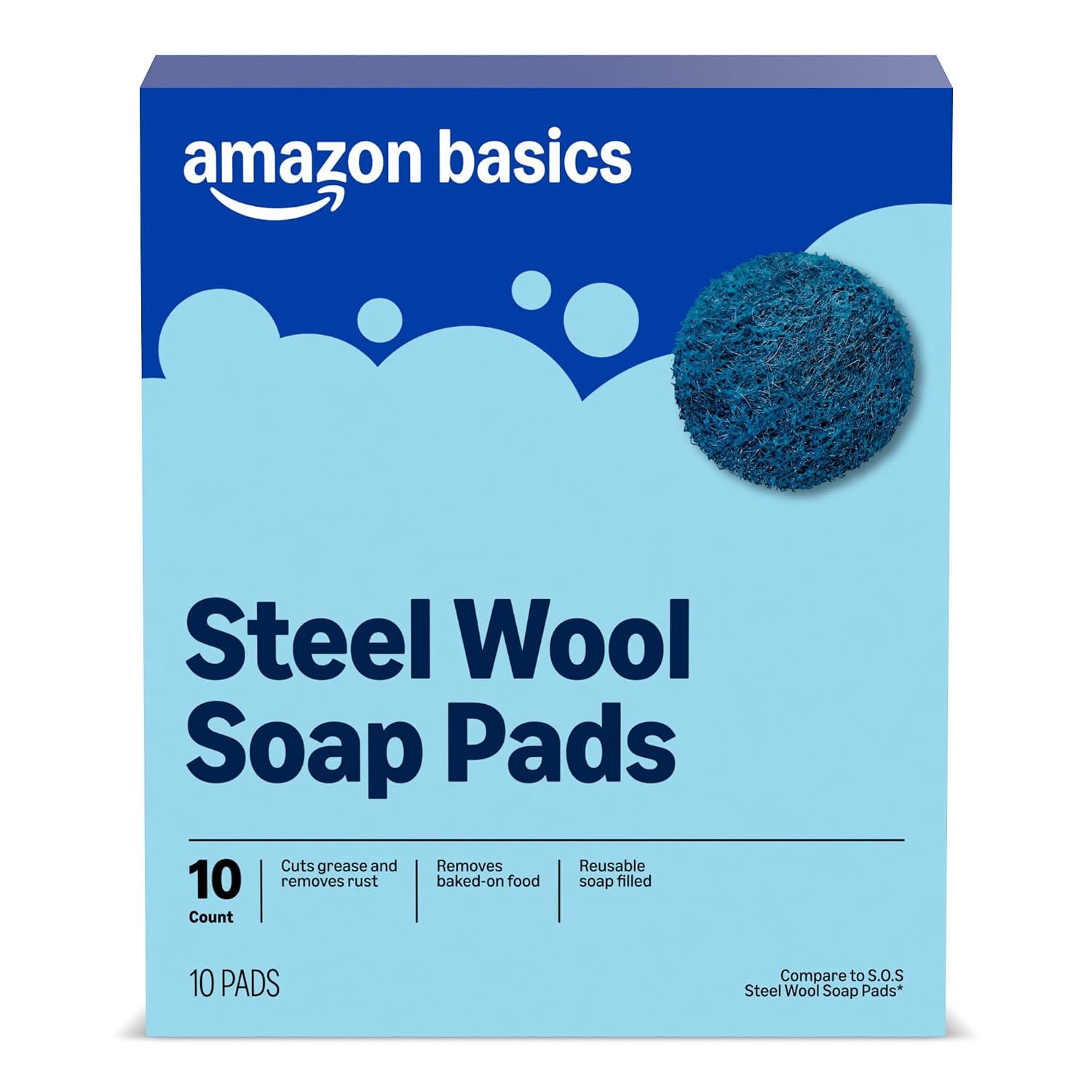Amazon Basics Steel Wool Soap Pads, Reusable, Cuts Grease and Removes Rust, 10 C