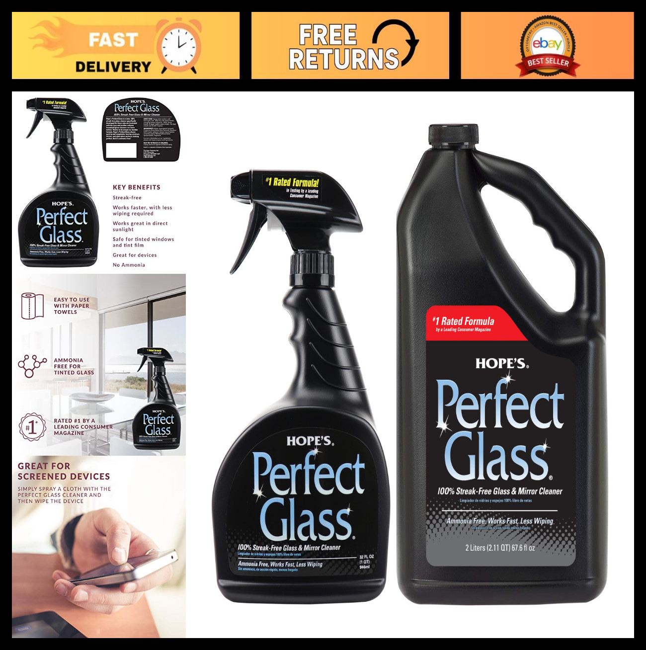 Streak-Free Glass Cleaner Spray & Refill – Ammonia-Free for Windows, Mirrors, Sh