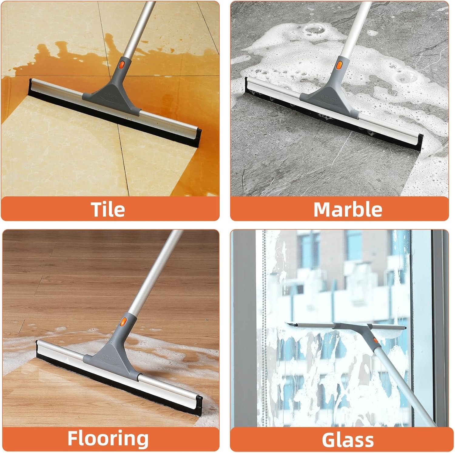 Eazer Floor Squeegee Broom: Heavy Duty Scrubber with Extendable 60” Aluminum Po