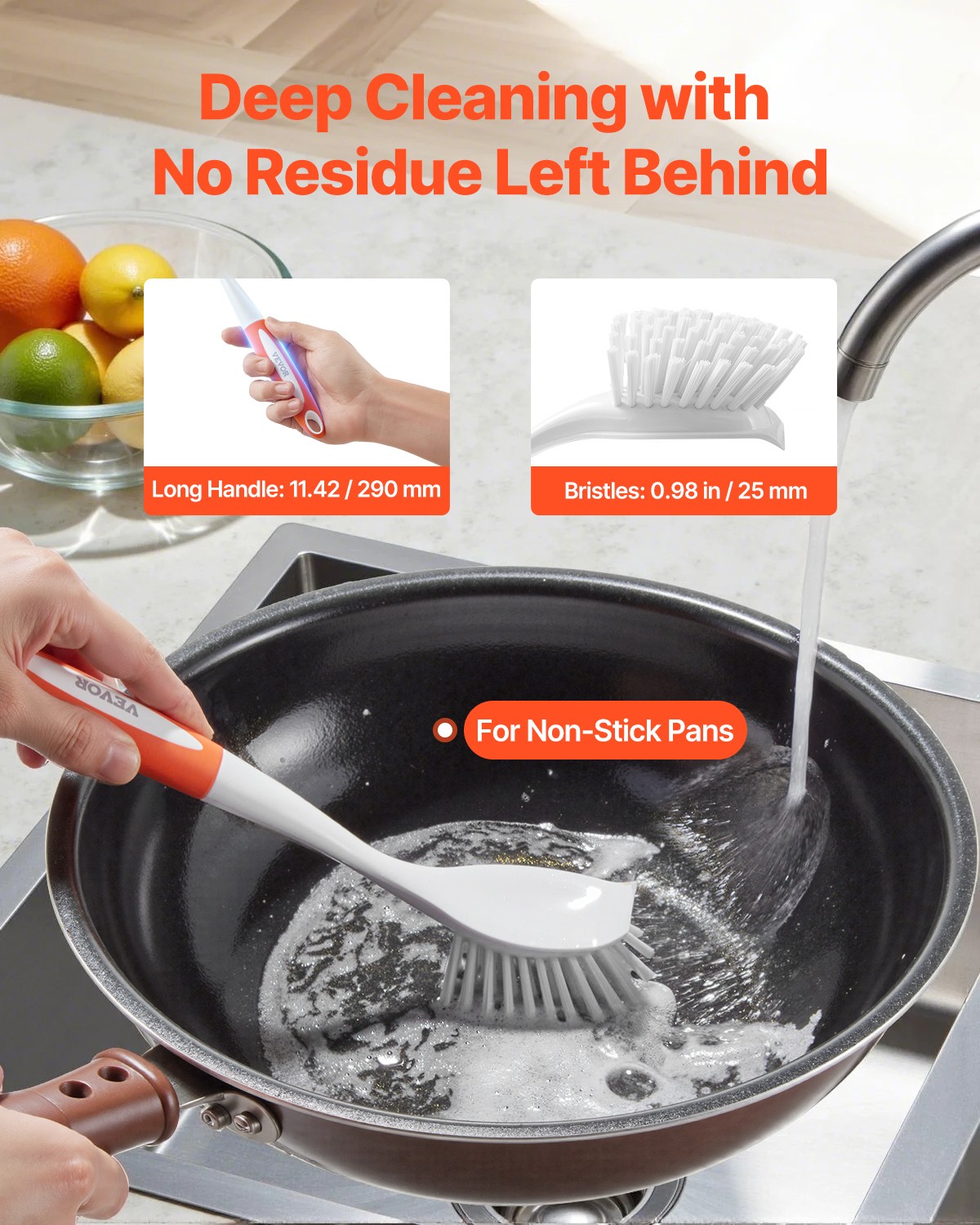 VEVOR Dish Brush 4 Pack Kitchen Scrub Brushes with PP Handle 2 Gray + 2 Orange