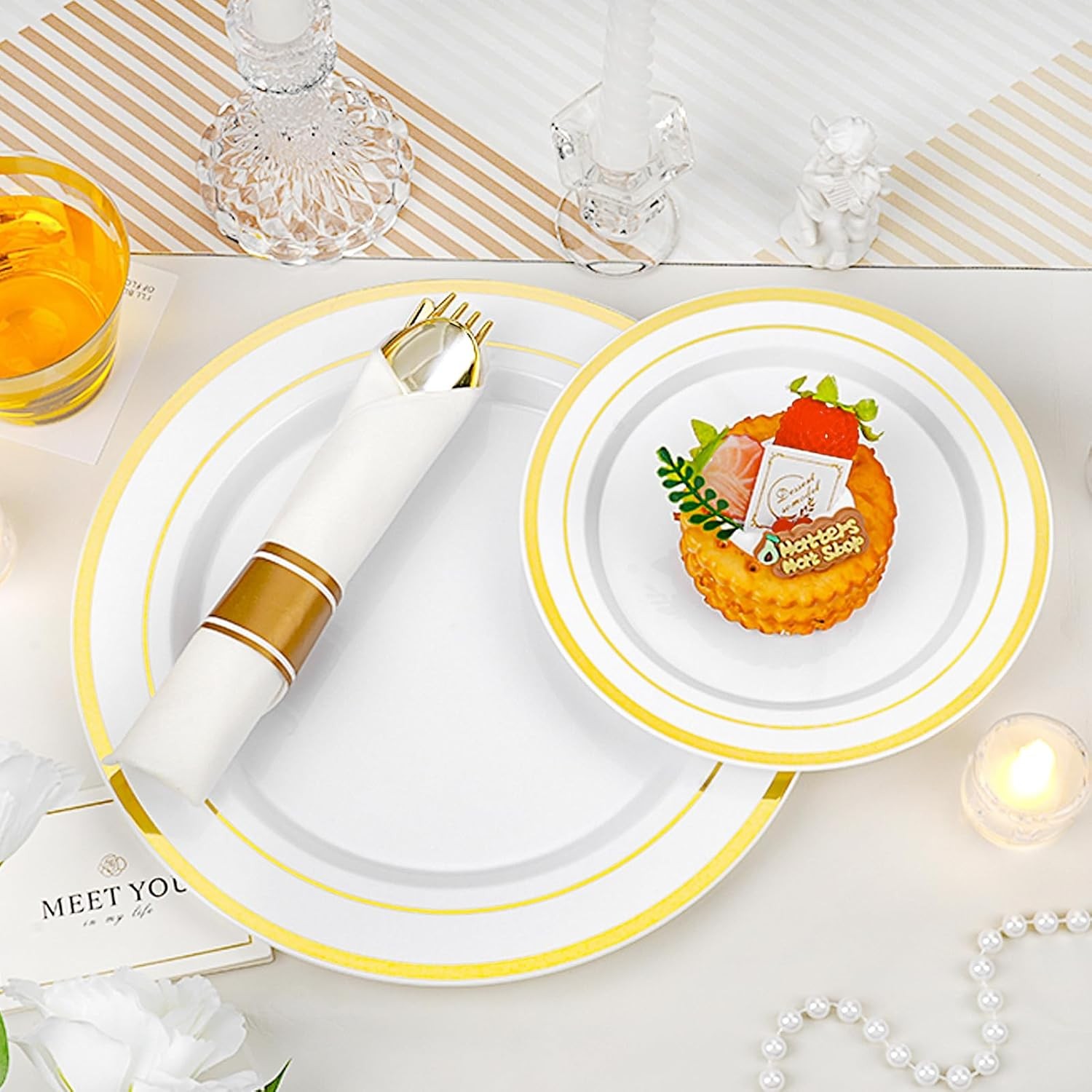 175 PCS White and Gold Plastic Dinnerware Set for 25 Guests, 50 Disposable Pla