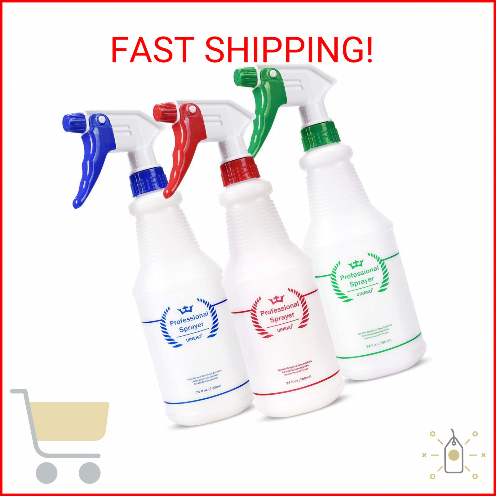 Uineko Plastic Spray Bottle (3 Pack, 24 Oz, 3 Colors) Heavy Duty All-Purpose Emp
