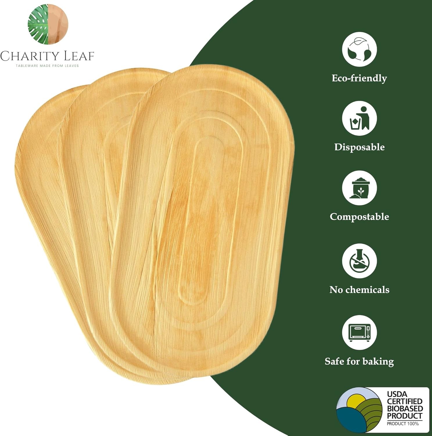 Charity Leaf 10-Pack 22″x12″ Palm Leaf Trays | Eco-Friendly, Compostable Platt