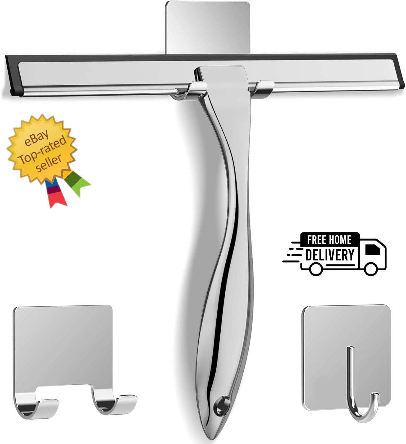 Stainless Steel Shower Squeegee for Glass Doors & Mirrors with 2 Adhesive Hooks