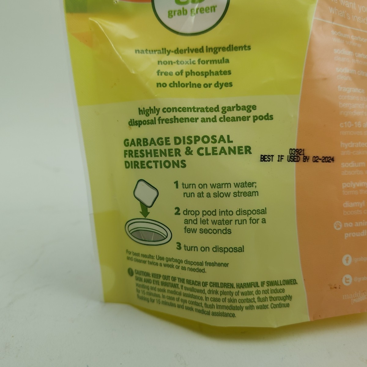 GRAB GREEN Garbage Disposal Cleaner 12 Pods Tangerine with Lemongrass EXP 02/24