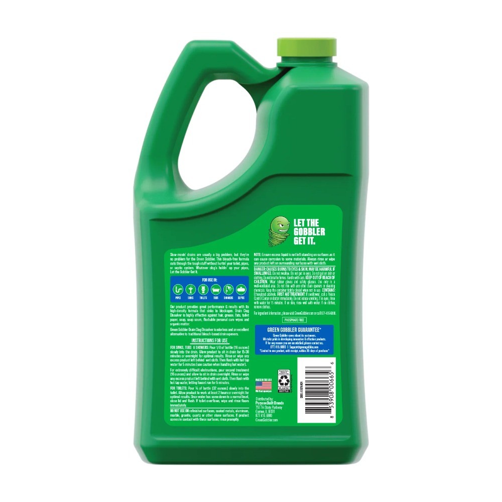 Green Gobbler Main Line Drain Opener and Clog Remover Liquid,Bleach-Free-1Gallon