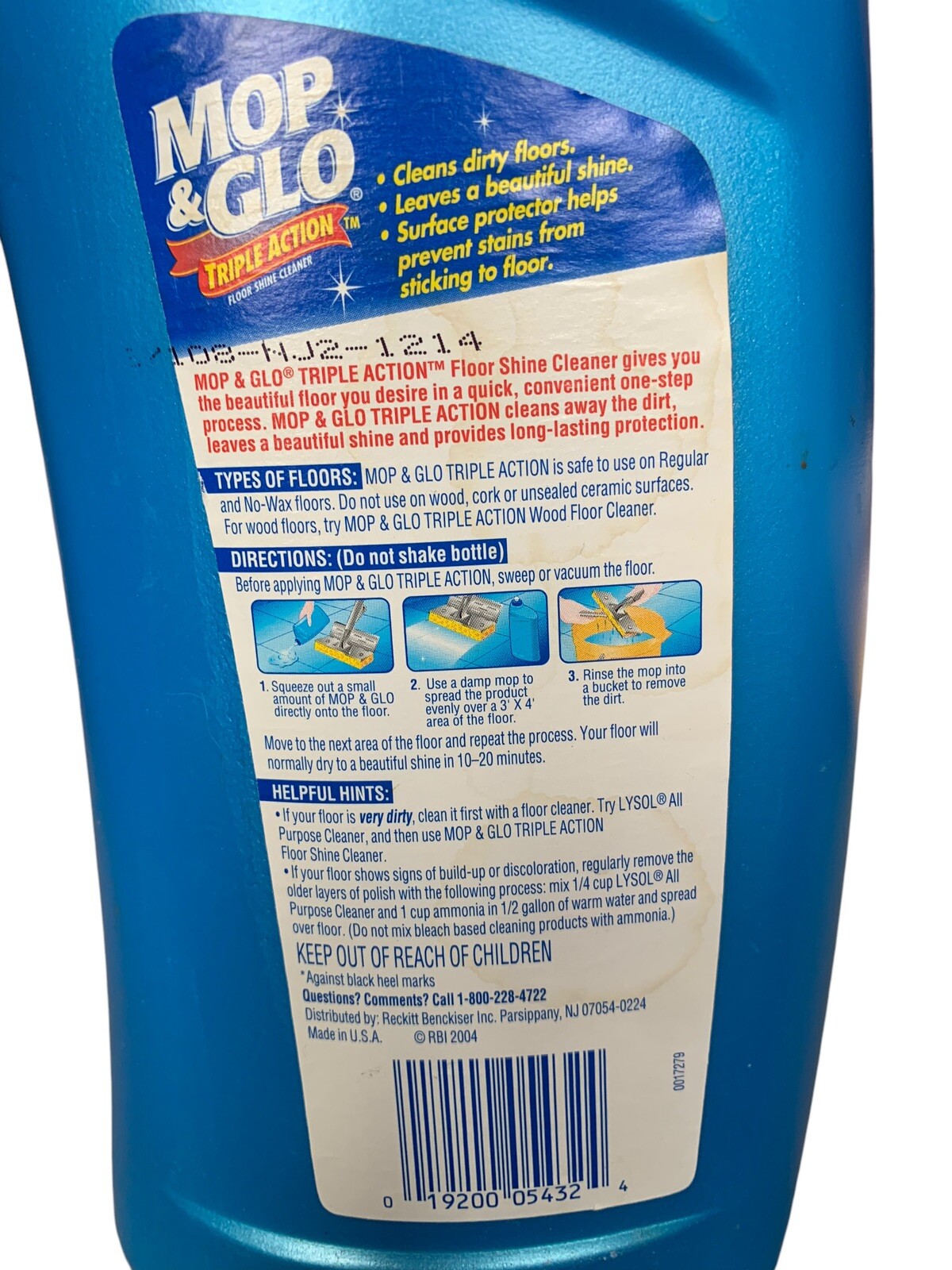 VTG 2004 Mop & Glo Triple Action Floor Shine Cleaner 32 oz Movie Prop 2/3 Full