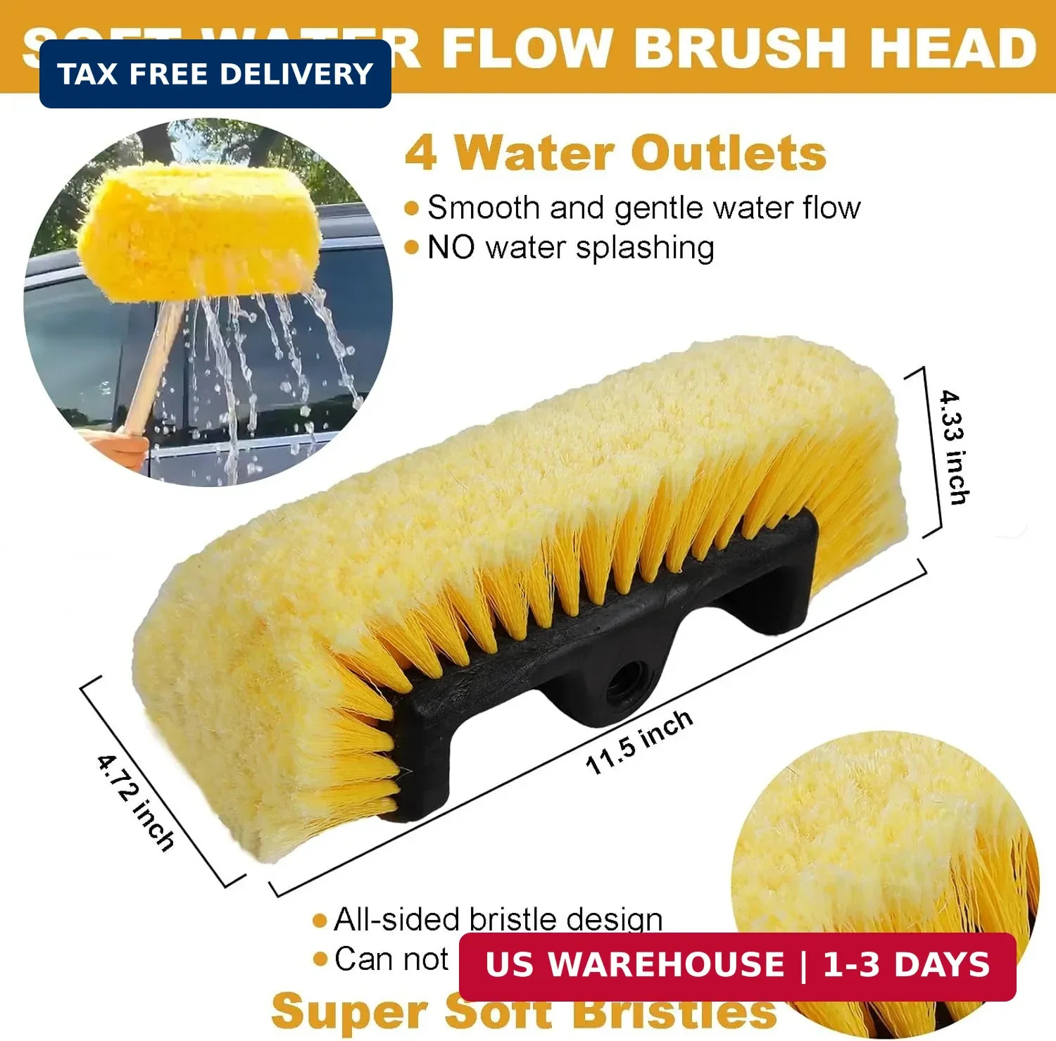 54″ Car Wash Brush with Long Handle and 12″ Soft Bristle Brush Head, Water Flow-