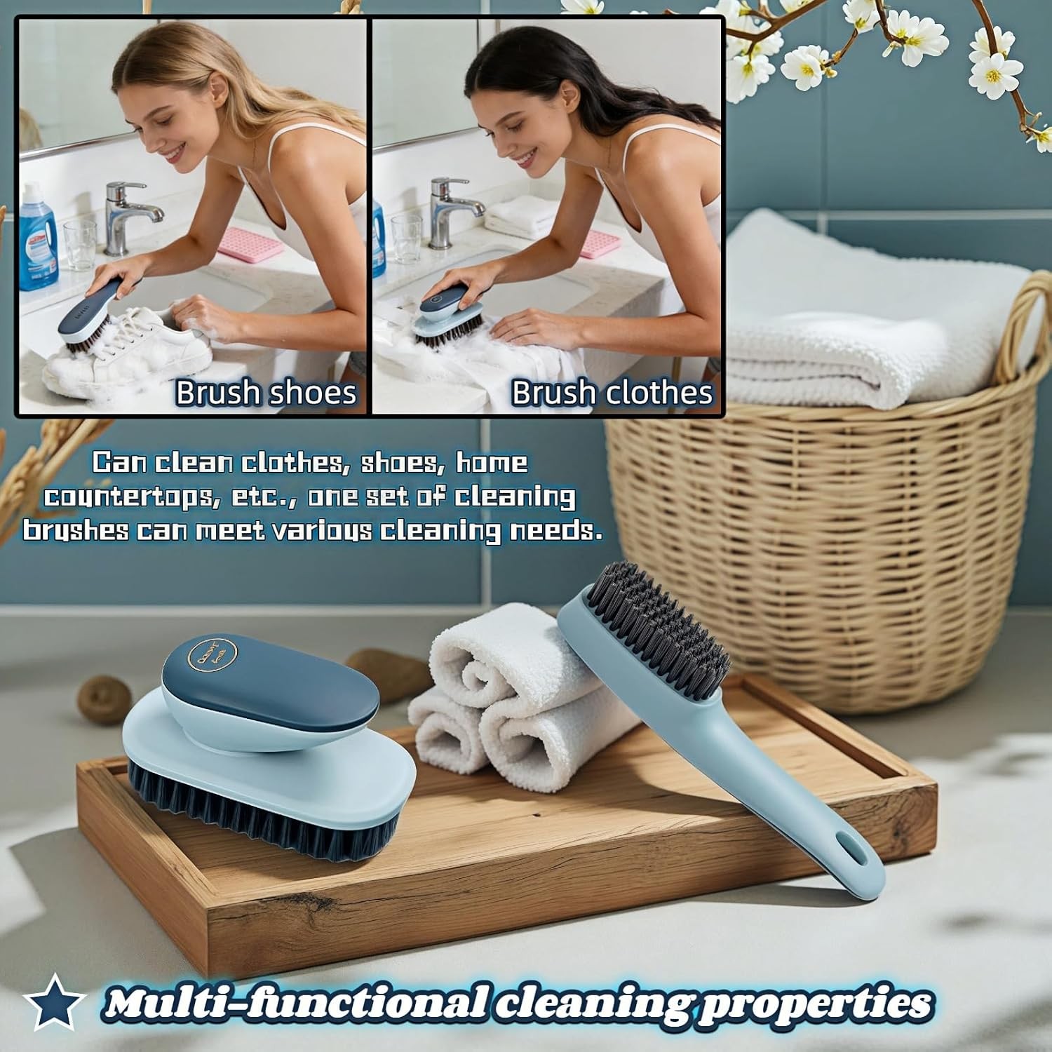 Ergonomic Shoe Clothing Brush Set 2 Piece Heavy Duty Stain Remover Non Slip Grip