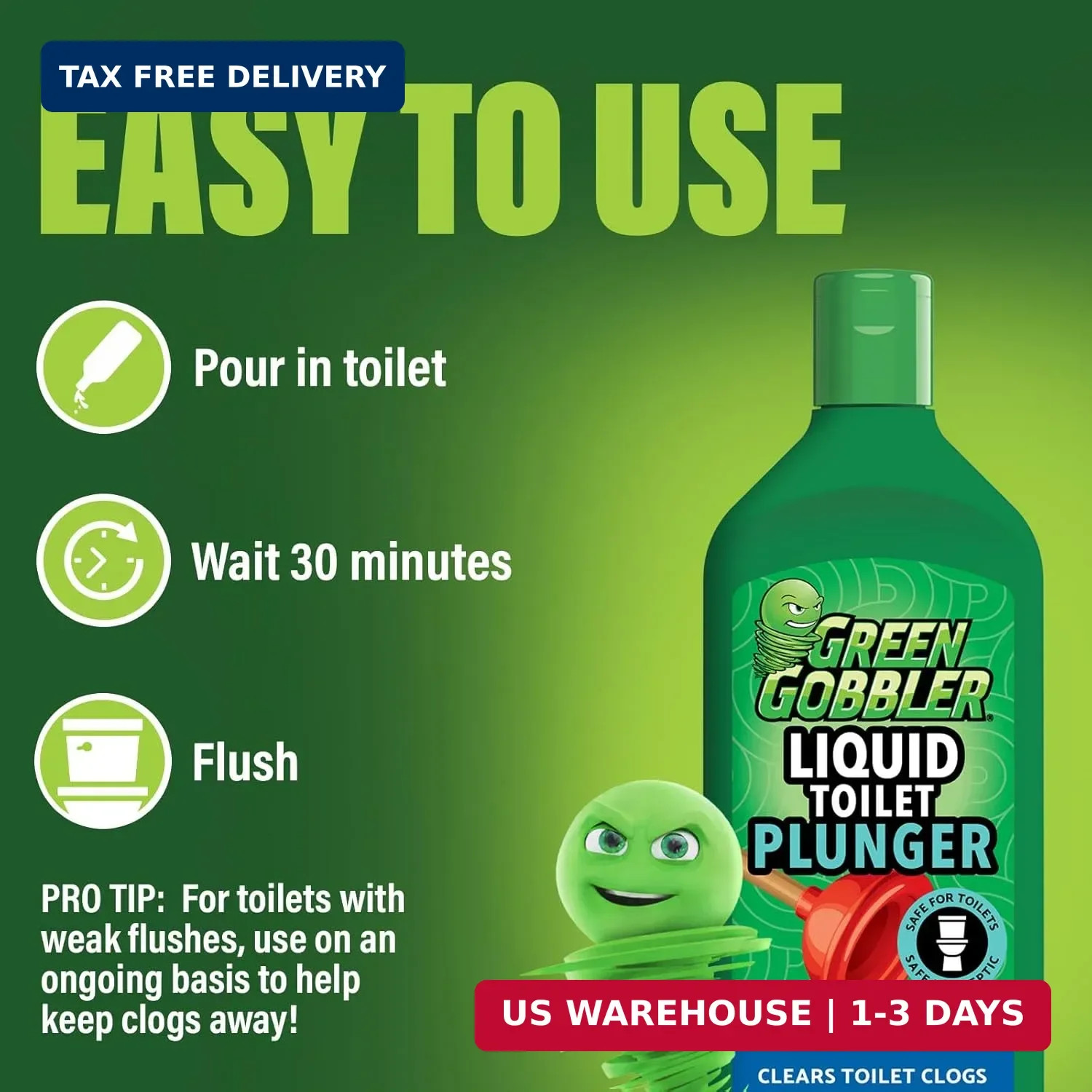 Green Gobbler Liquid Toilet Plunger | Clog Remover | Safe for Toilets and Septic