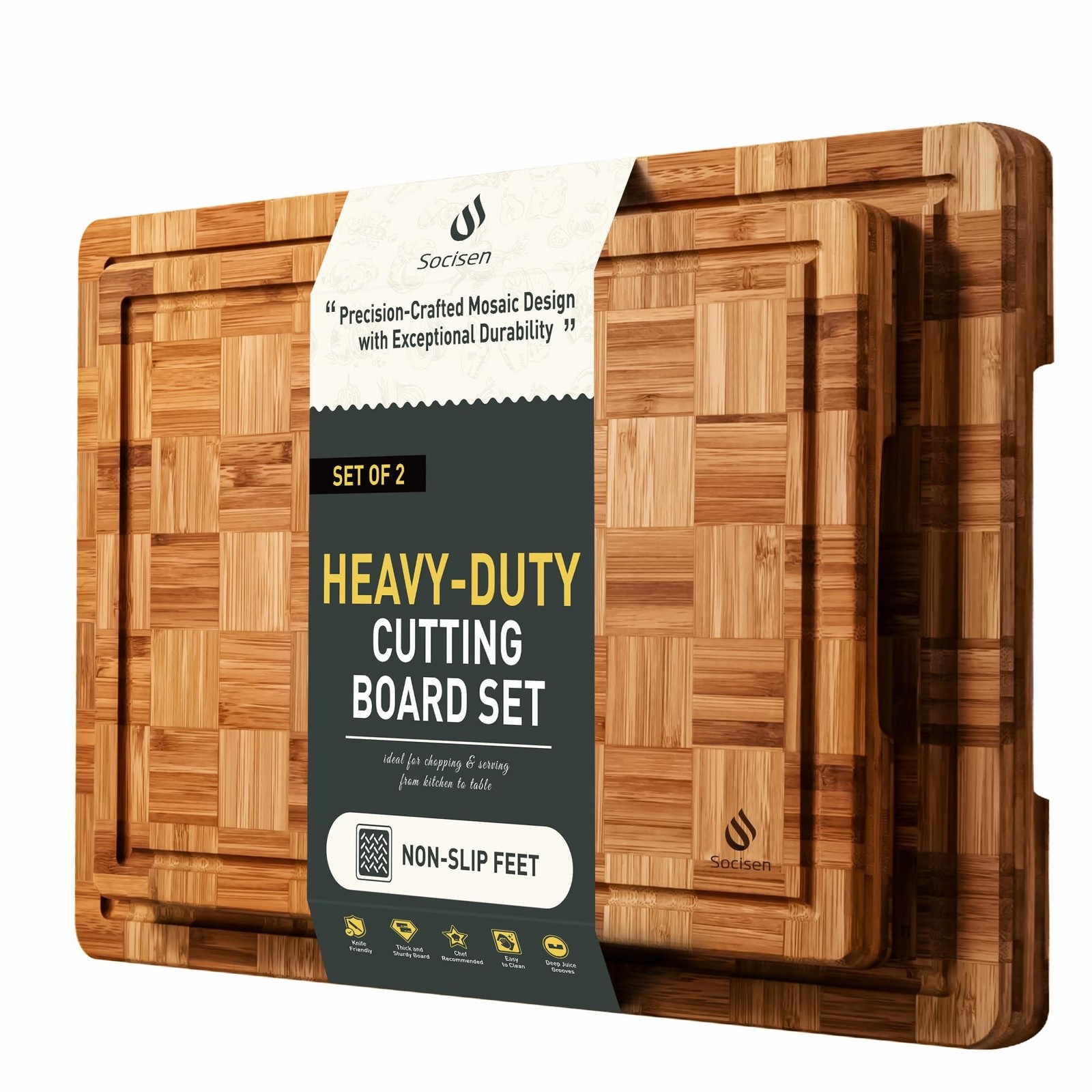 2 Pack Heavy Duty Bamboo Cutting Board Set Non Slip Over Sink Solid End Grain…
