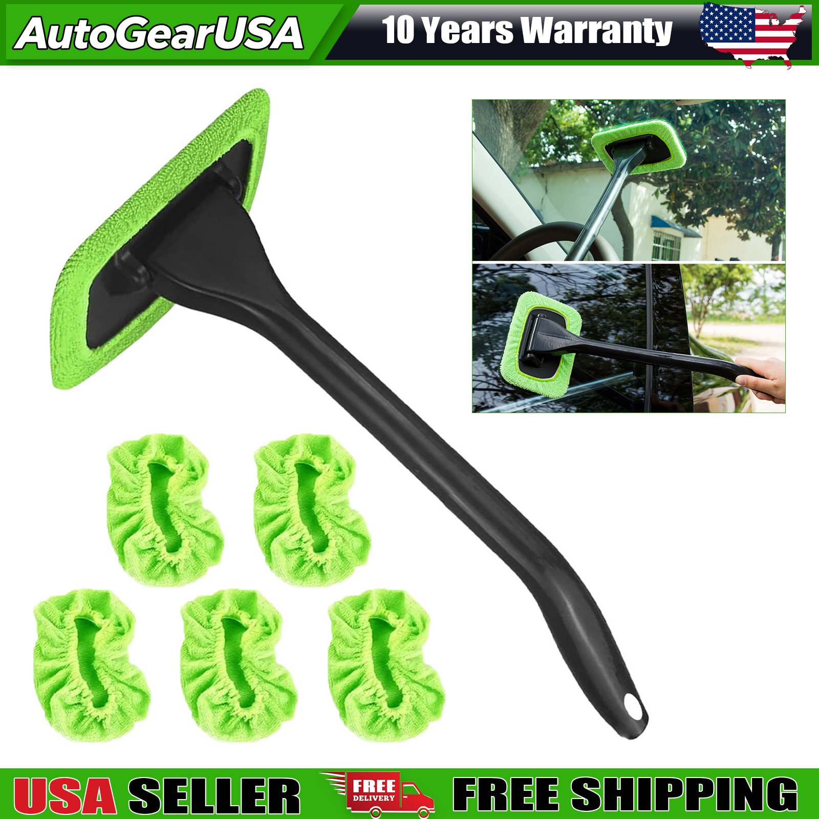 CAR WINDOW CLEANER WINDSHIELD CLEANING WAND TOOL ROTABLE HEAD W/ 5 REUSABLE PADS