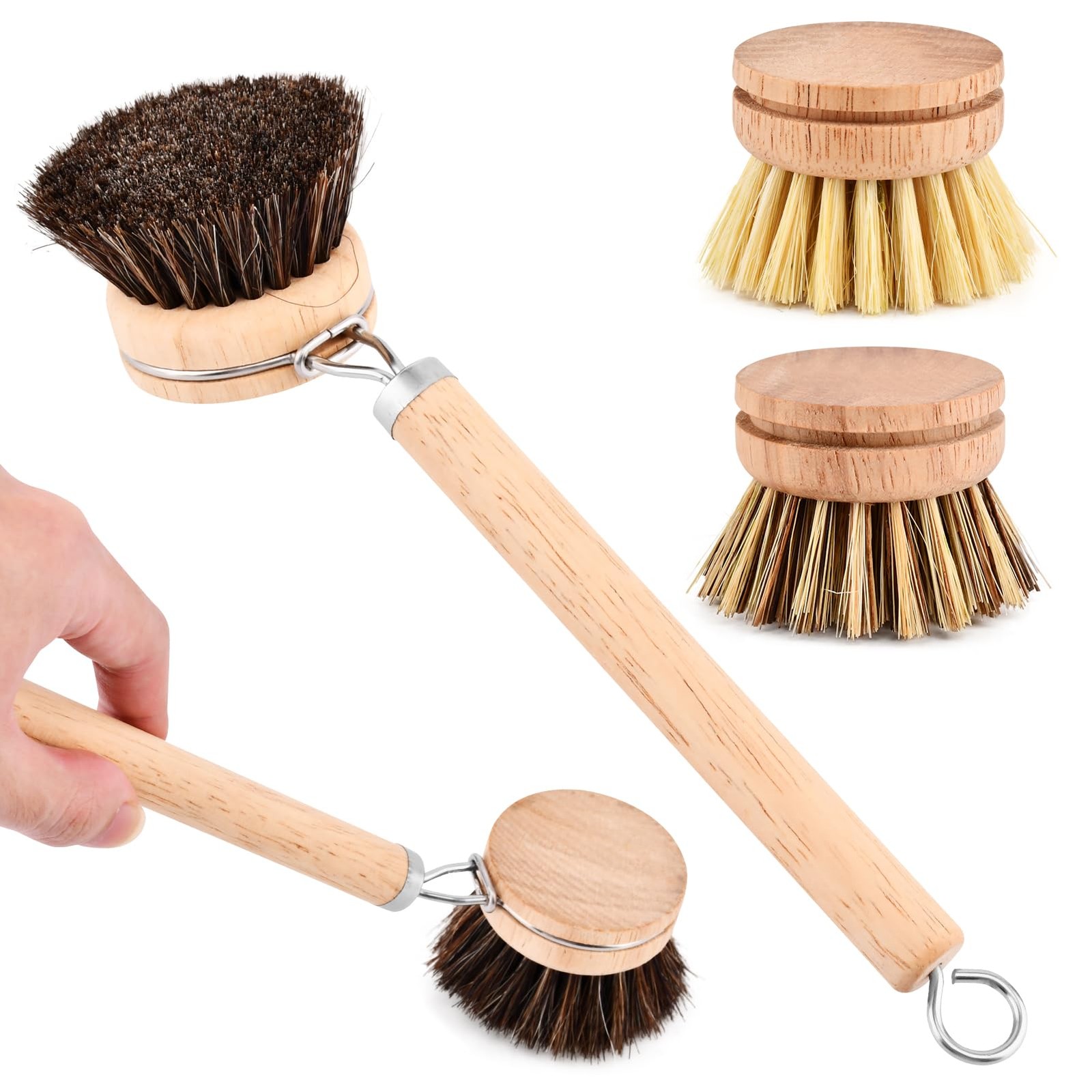 Bamboo Dish Brush Set, 1 Wooden Handle with 3 Natural Bristle Heads All Purpose