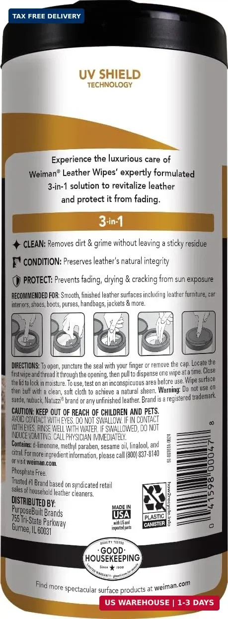 Weiman Leather Cleaner Wipes – Clean Condition UV Protection Help Prevent Cracki
