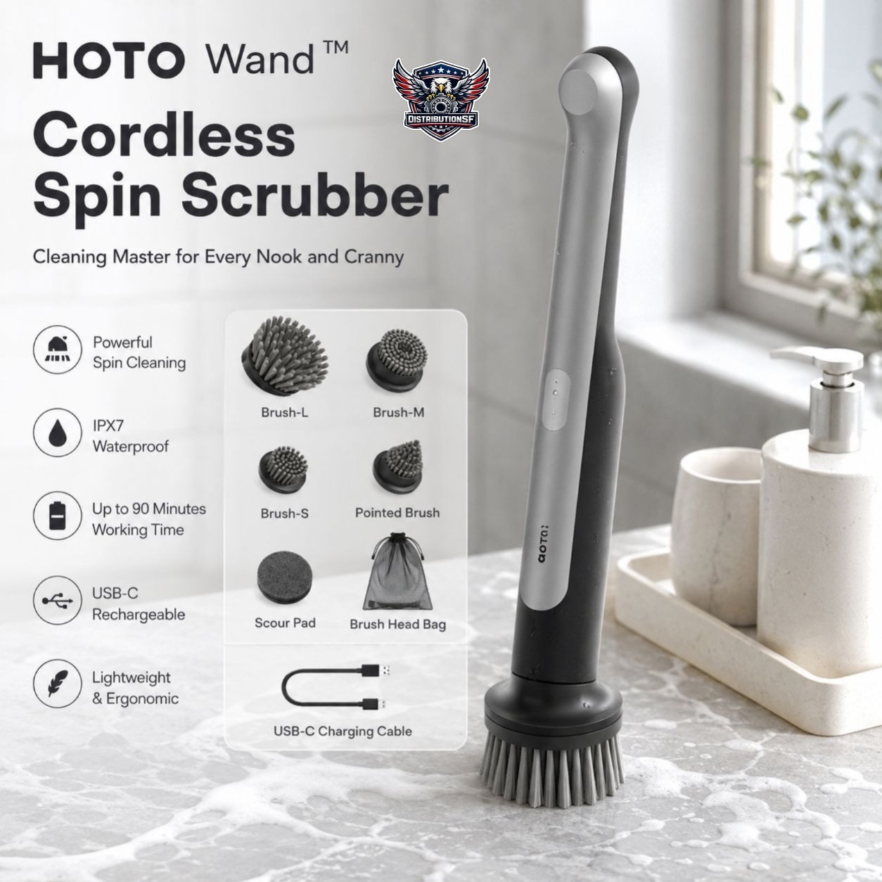 HOTO Wand Cordless Spin Scrubber Rechargeable Cleaning Brush Bathroom Kitchen Ti