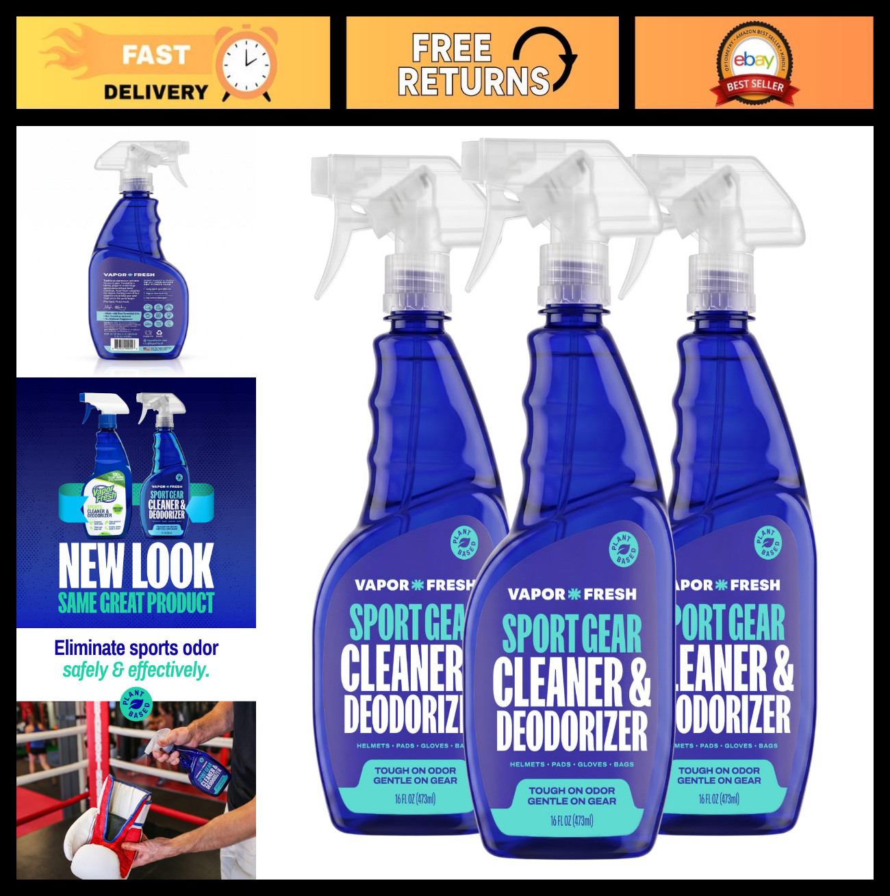 Sports Cleaner & Deodorizer for Gear, Gloves, Helmets, Gym Bags – 16oz (3-Pack)