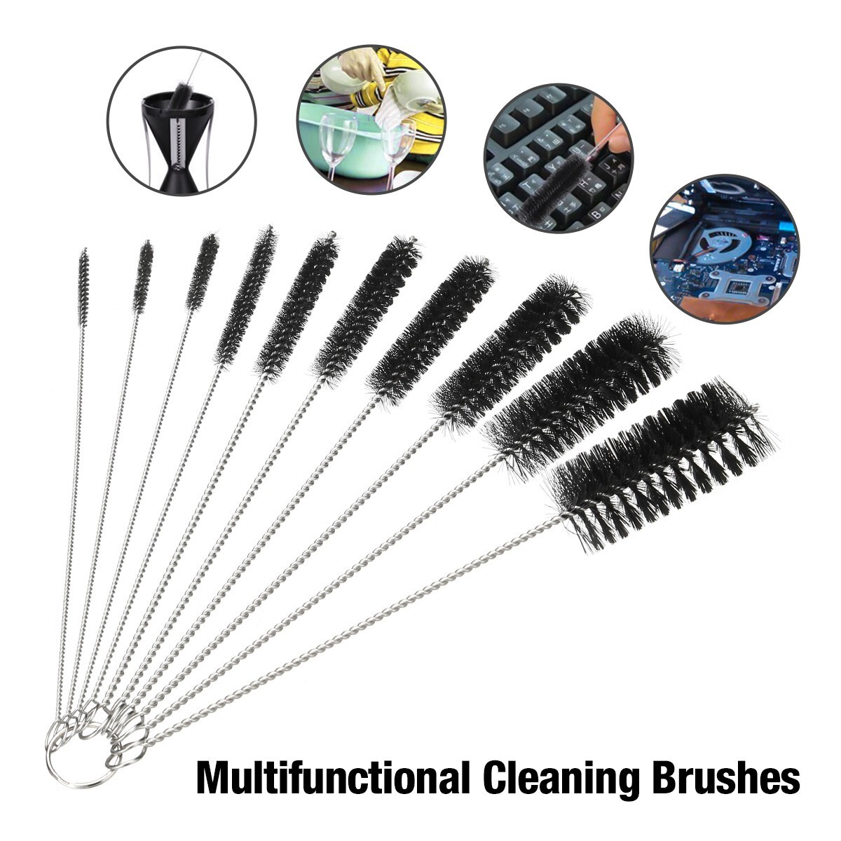 10-Pack Nylon Straw Cleaning Brushes–Stainless Steel Wire Drink Pipe Cleaner Kit