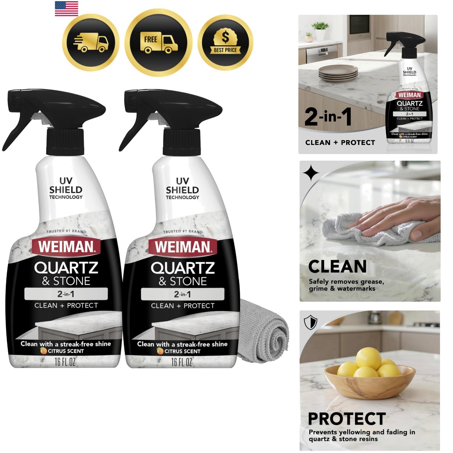 Quartz Countertop Cleaner and Polish 2 Pack w/Micro Towel Clean and Shine You…