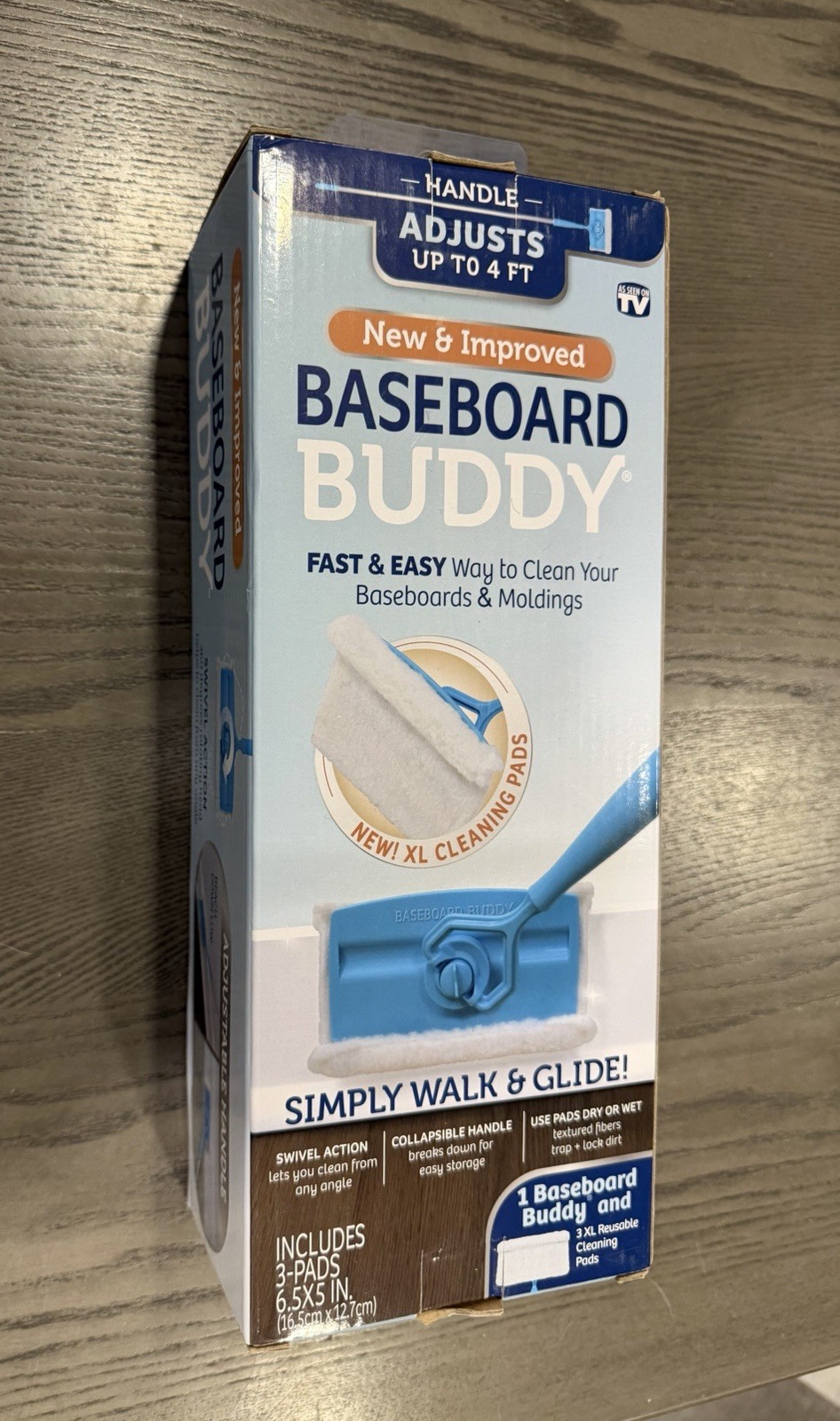 Baseboard Buddy Cleaning Tool With 4 ft Handle & 3 XL Reusable Pads