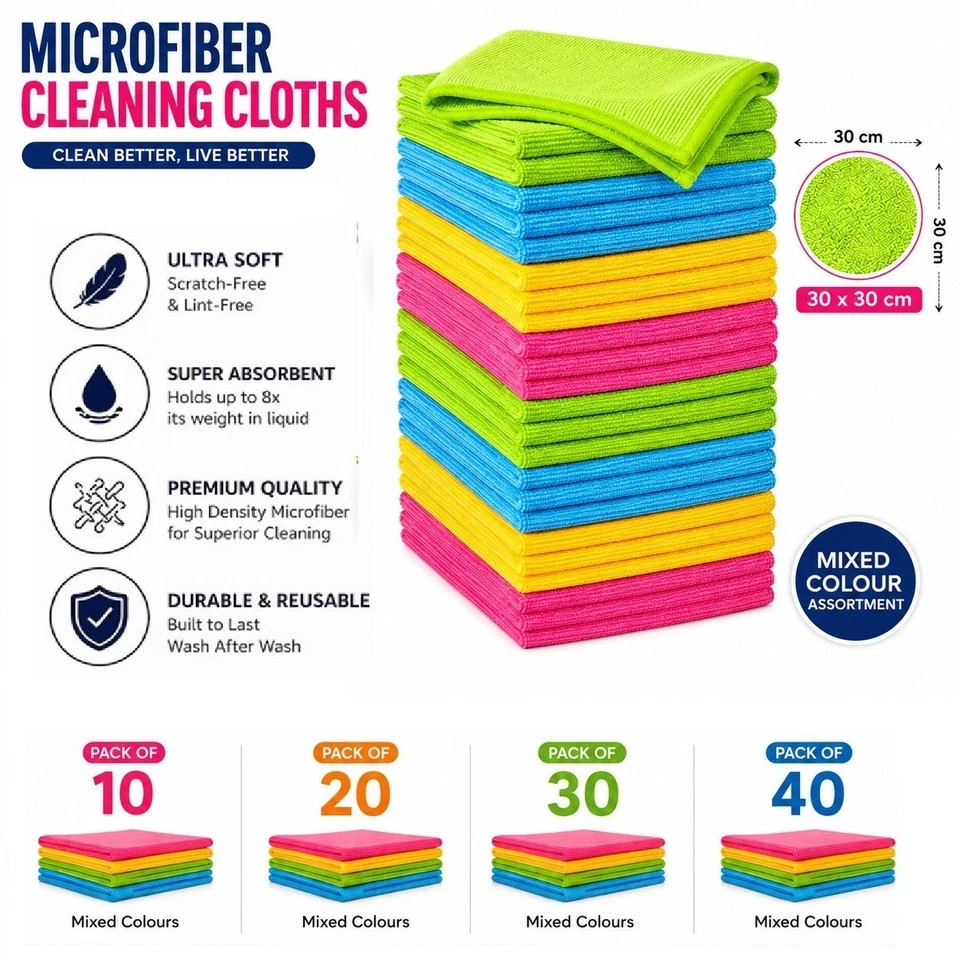 Microfibre Cleaning Cloths Kitchen Valeting Dusters Wash Towel Soft Towel 30cm