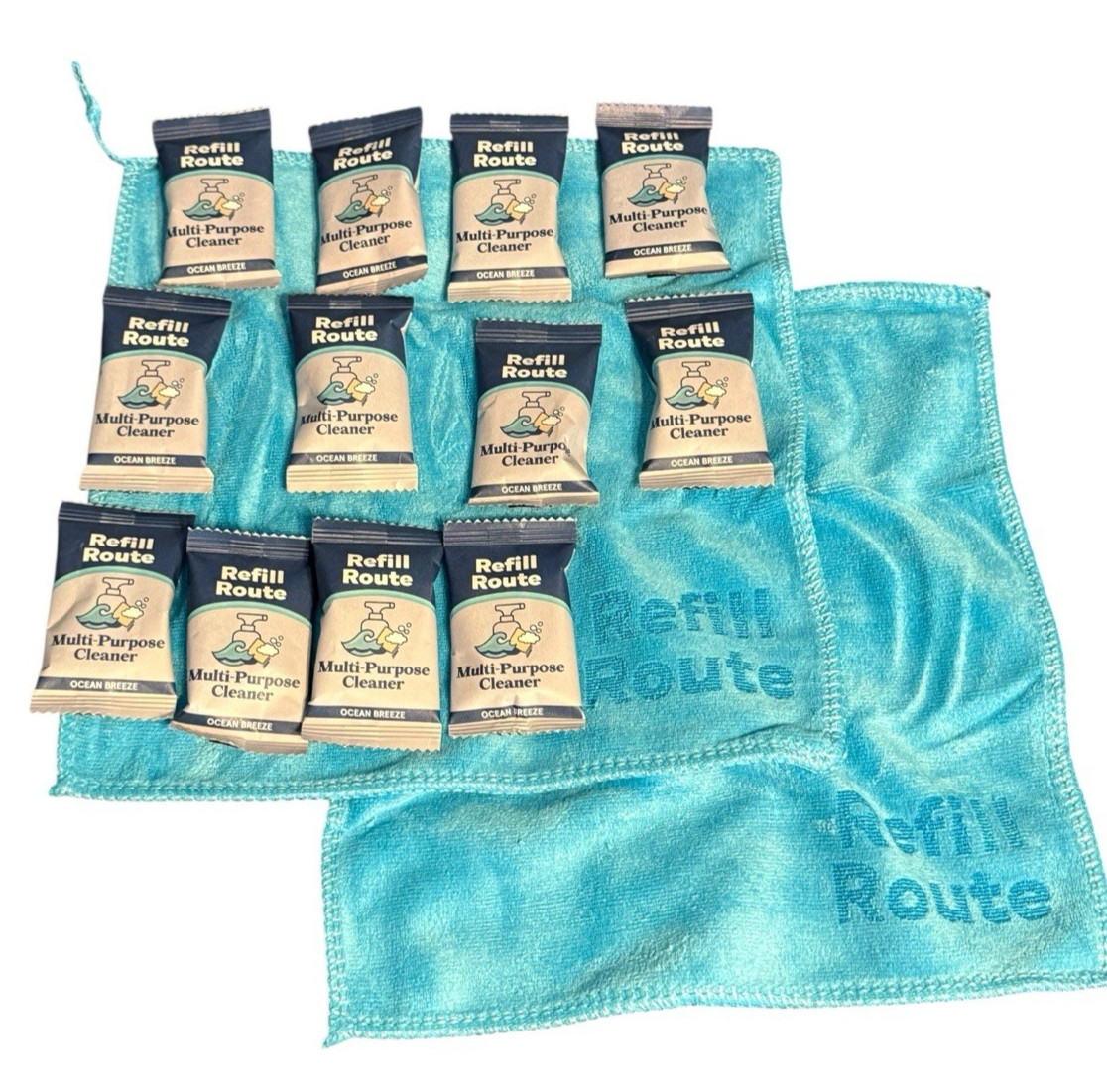 Multi-Purpose Cleaner/Degreaser Kit, Glass Spray Bottle, Towels + 12 Refill Tabs