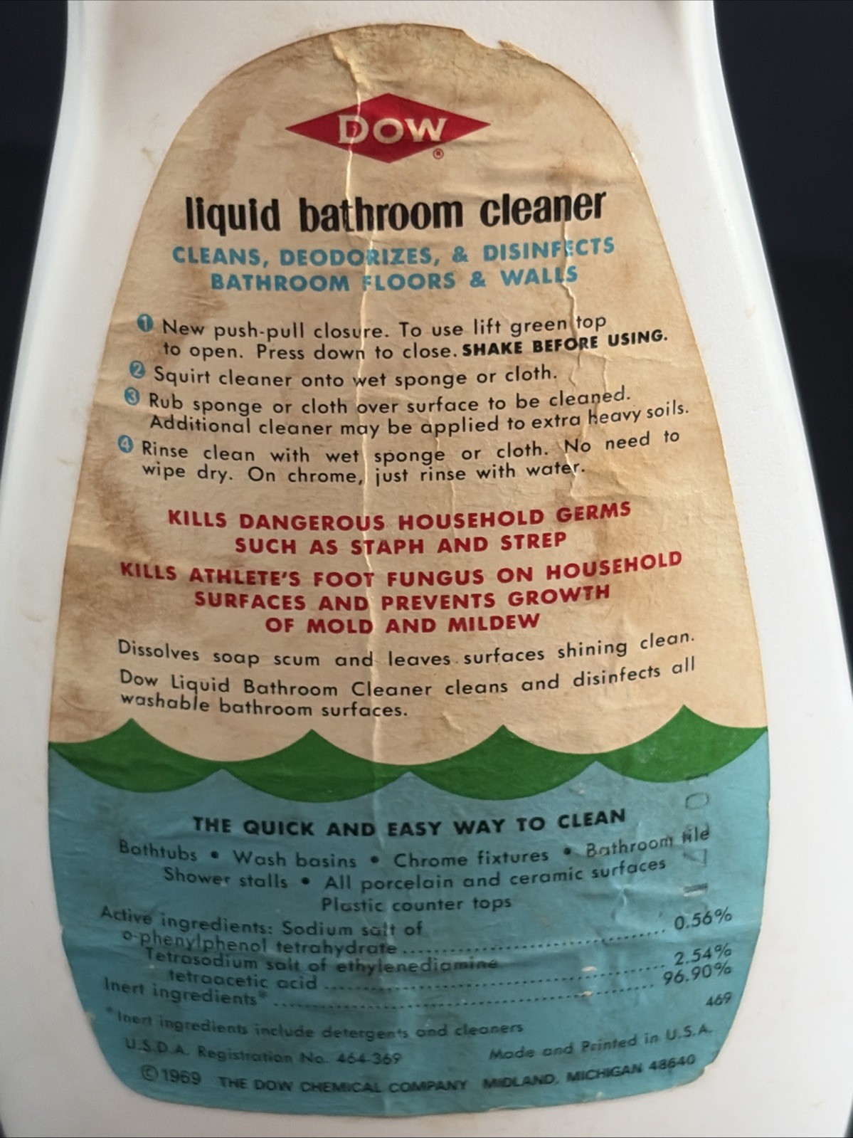 Vtg 1969 Dow Liquid Bathroom Cleaner 22oz Bottle Great Graphics Prop
