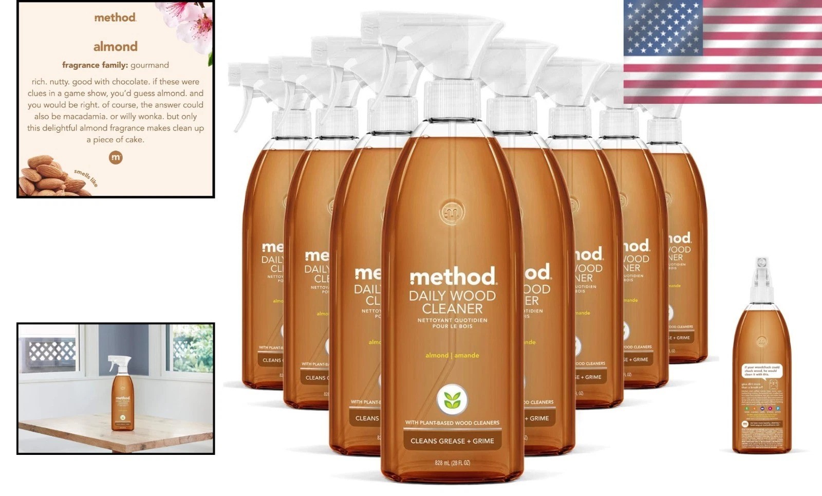 Eco-Friendly Method Almond Wood Cleaner 8x28oz Biodegradable & Recycled Bottle