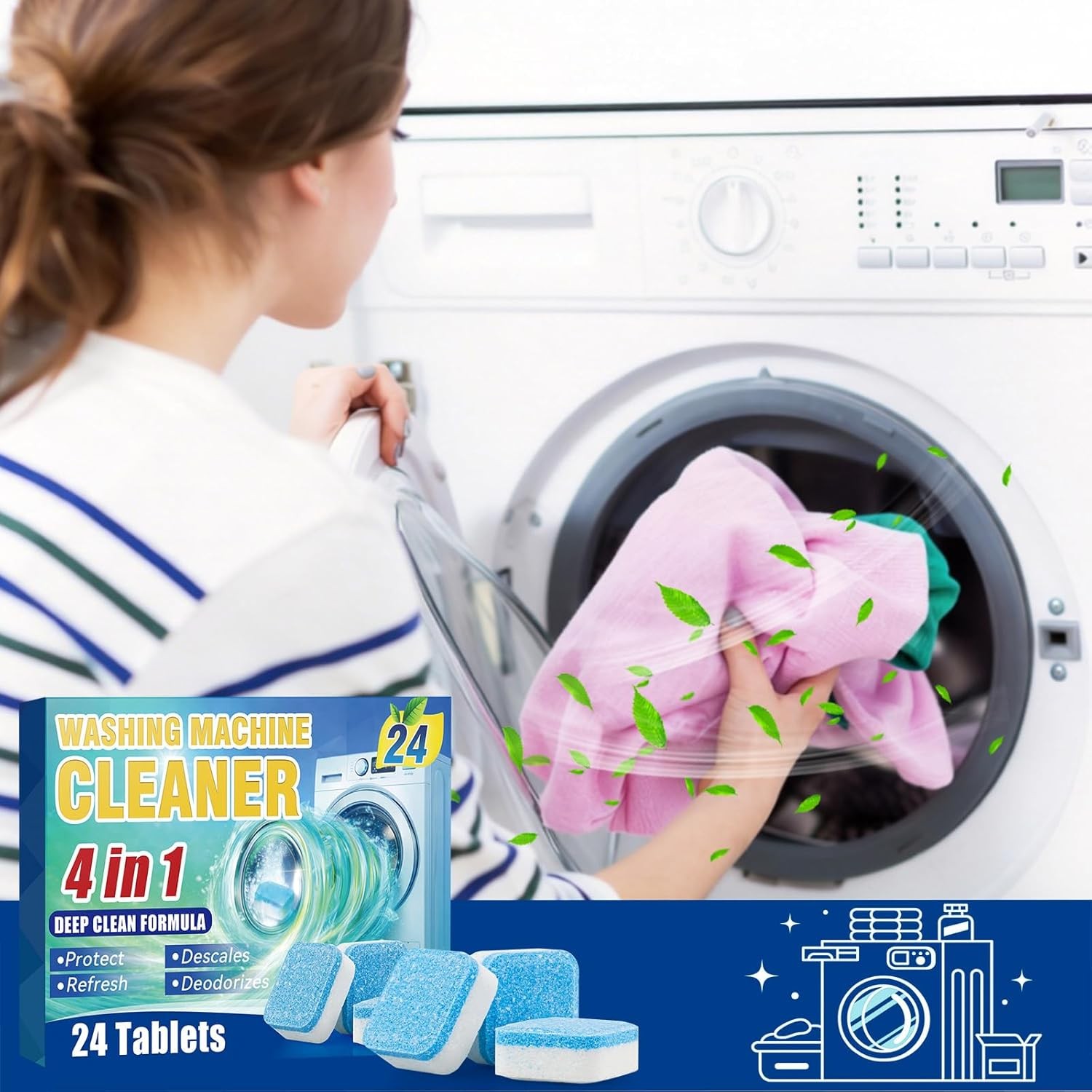 Washing Machine Cleaner Tablets 24-Pack Descaler for Front Load Machines Deep