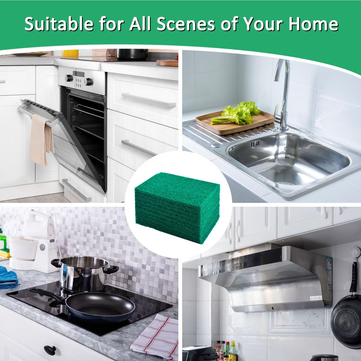 100 PCS Scouring Pad Reusable Household Green Scrubbing Pads for Cleaning, Mu…