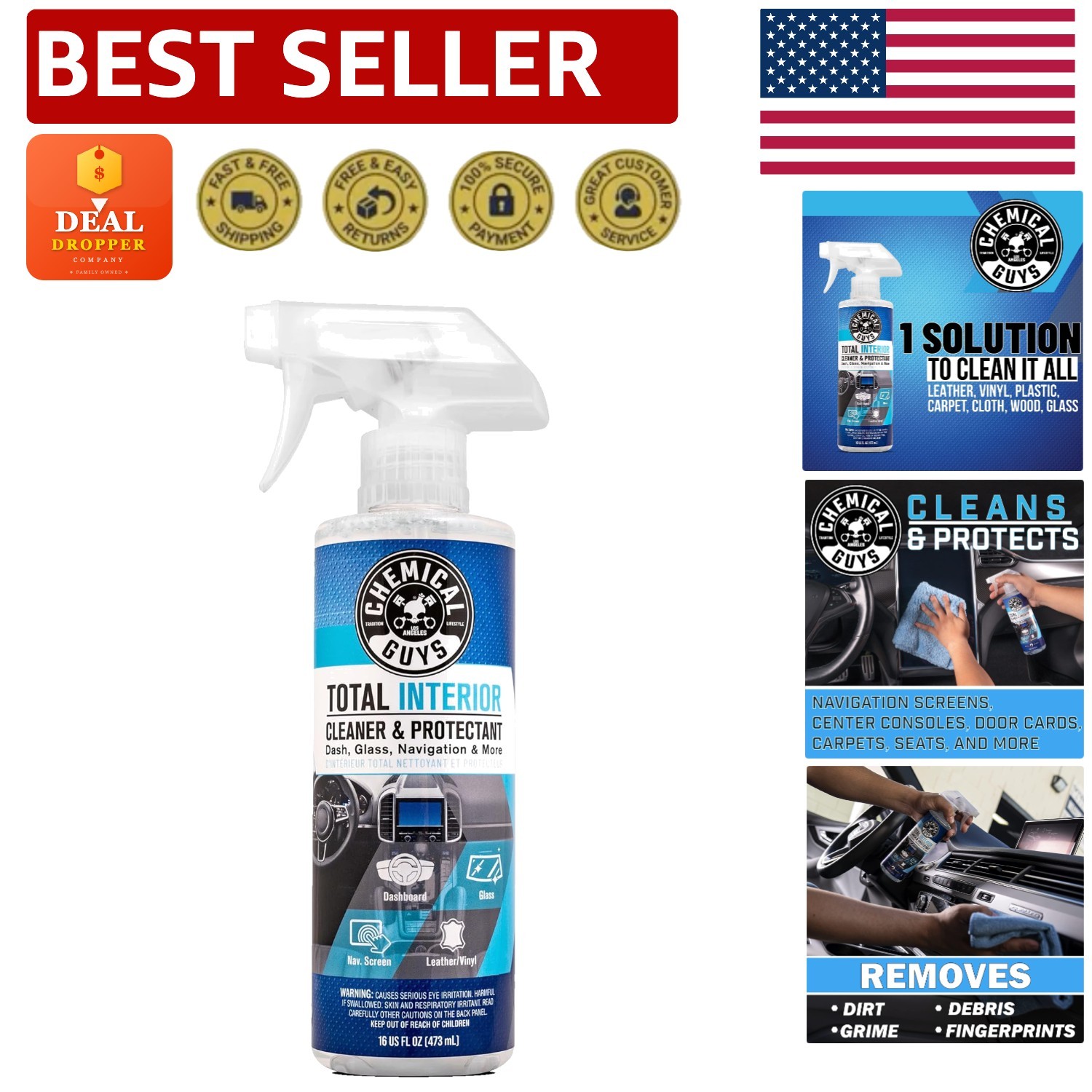 Total Indoor & Outdoor Cleaner – Protects Leather & Plastic, Streak-Free, 16 oz