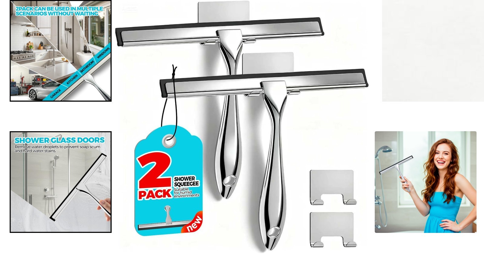 All-Purpose 10-Inch Shower Squeegee with Soft Rubber Blade and Hooks – Silver
