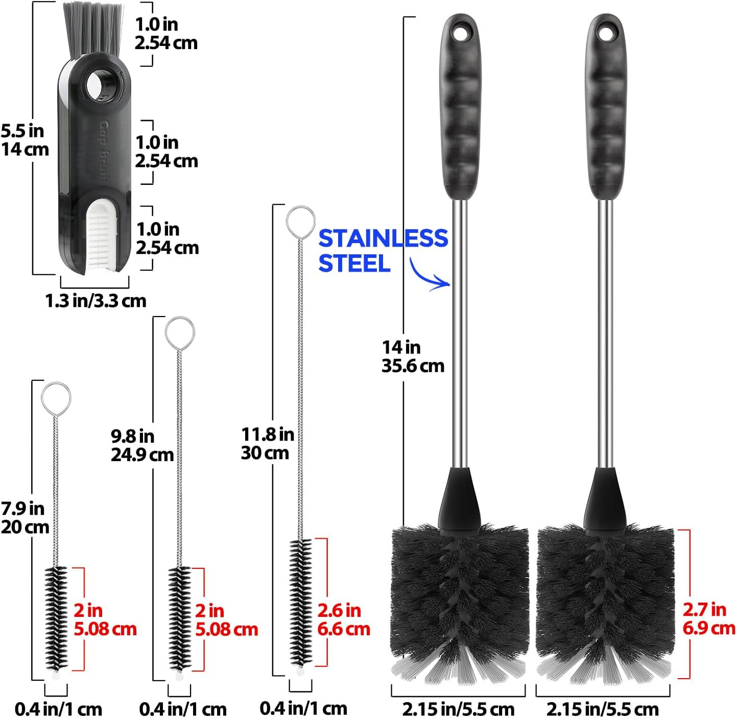 Holikme 6 Pack Bottle Brush Set, 14″ Long Handle Stainless Steel Bottle Cleaner