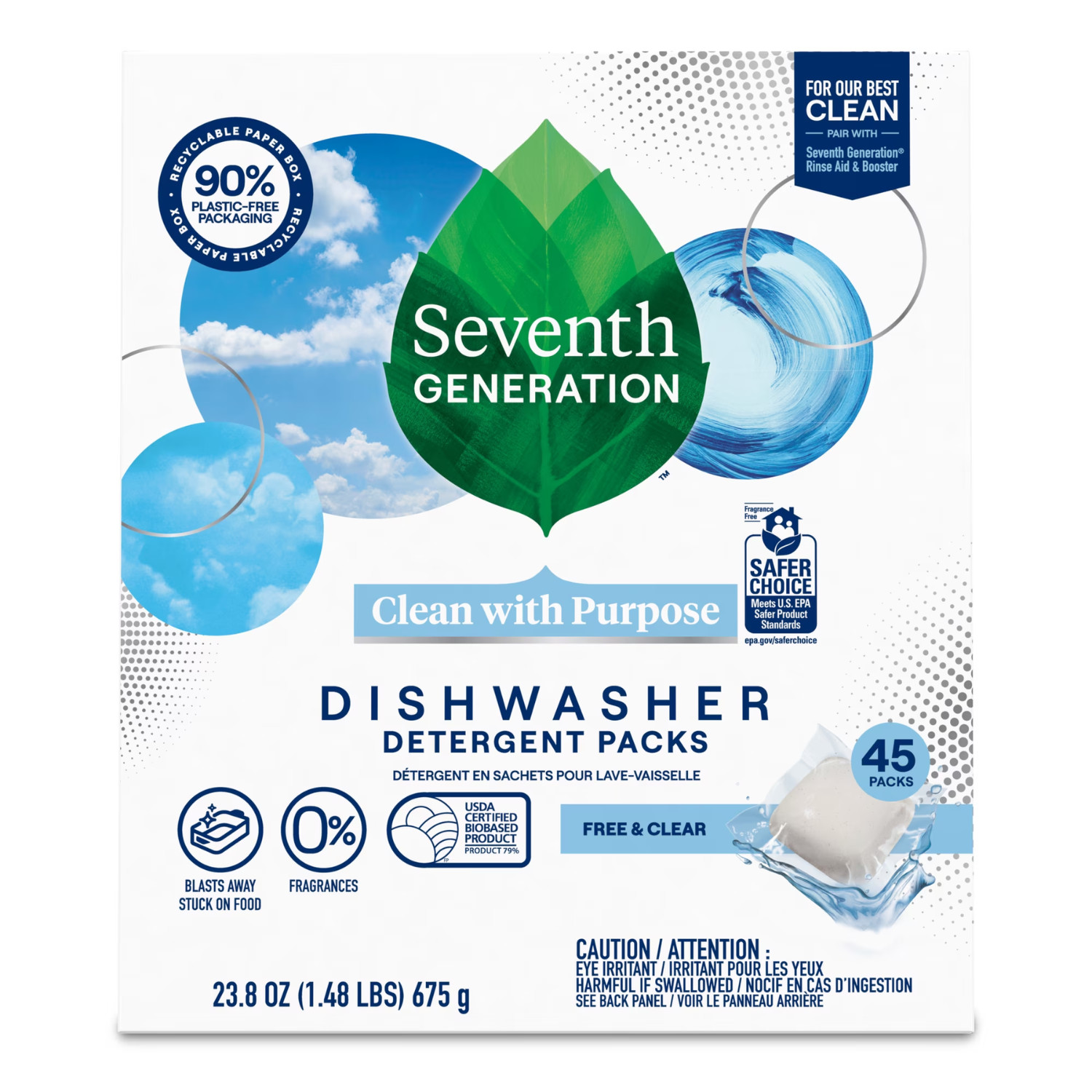 Seventh Generation Free & Clear Dishwasher Detergent Packs, 45 Count Tabs