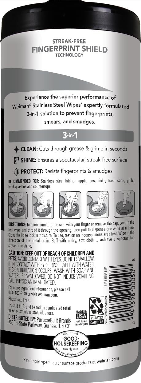 Weiman Stainless Steel Cleaner, 30 Count Cleaning Wipes, Removes Dirt, Grime