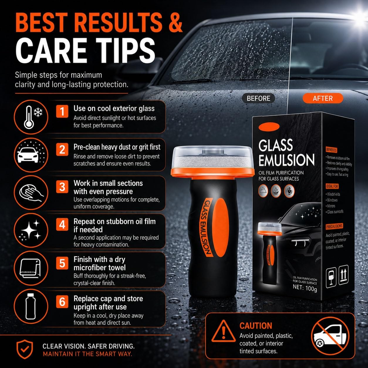 Glass Oil Film Remover for Car, 100ml RollOn Glass Compound with Cleaning Boa…