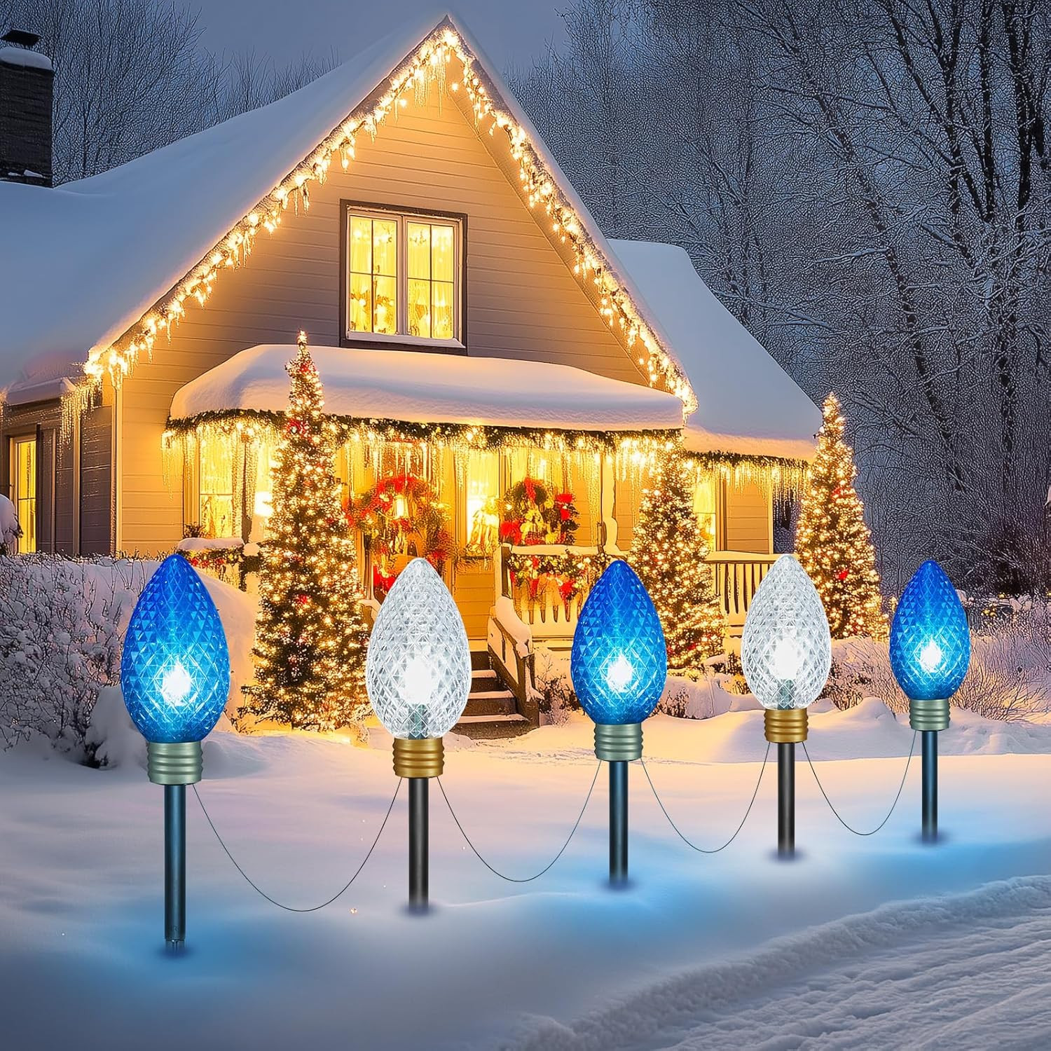 Jumbo C9 Christmas Pathway Lights – 22FT 10 LED Blue & White – 2 Pack