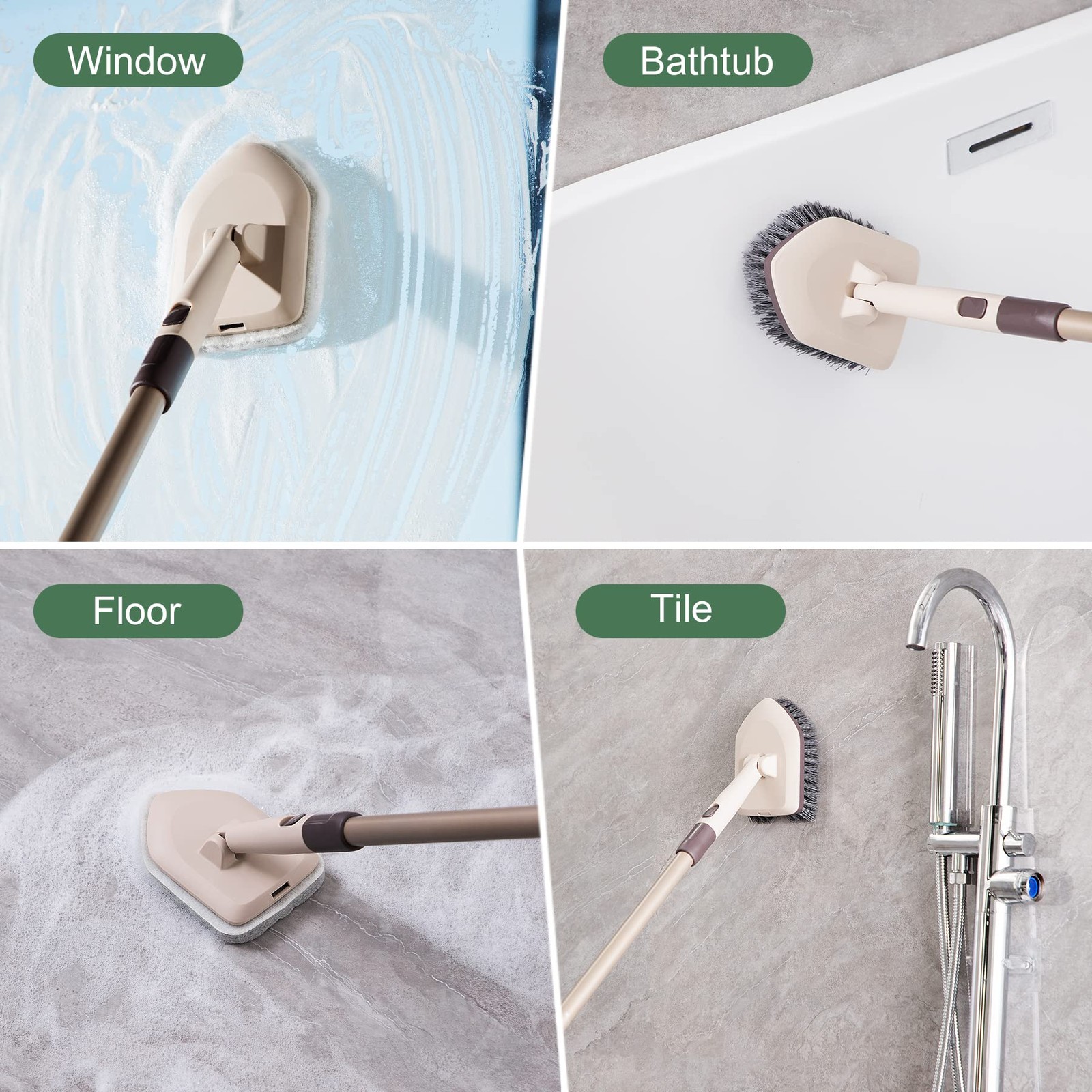 Shower Scrubber with Long Handle, 2 Type Head, Tile Tub Scrub Brush