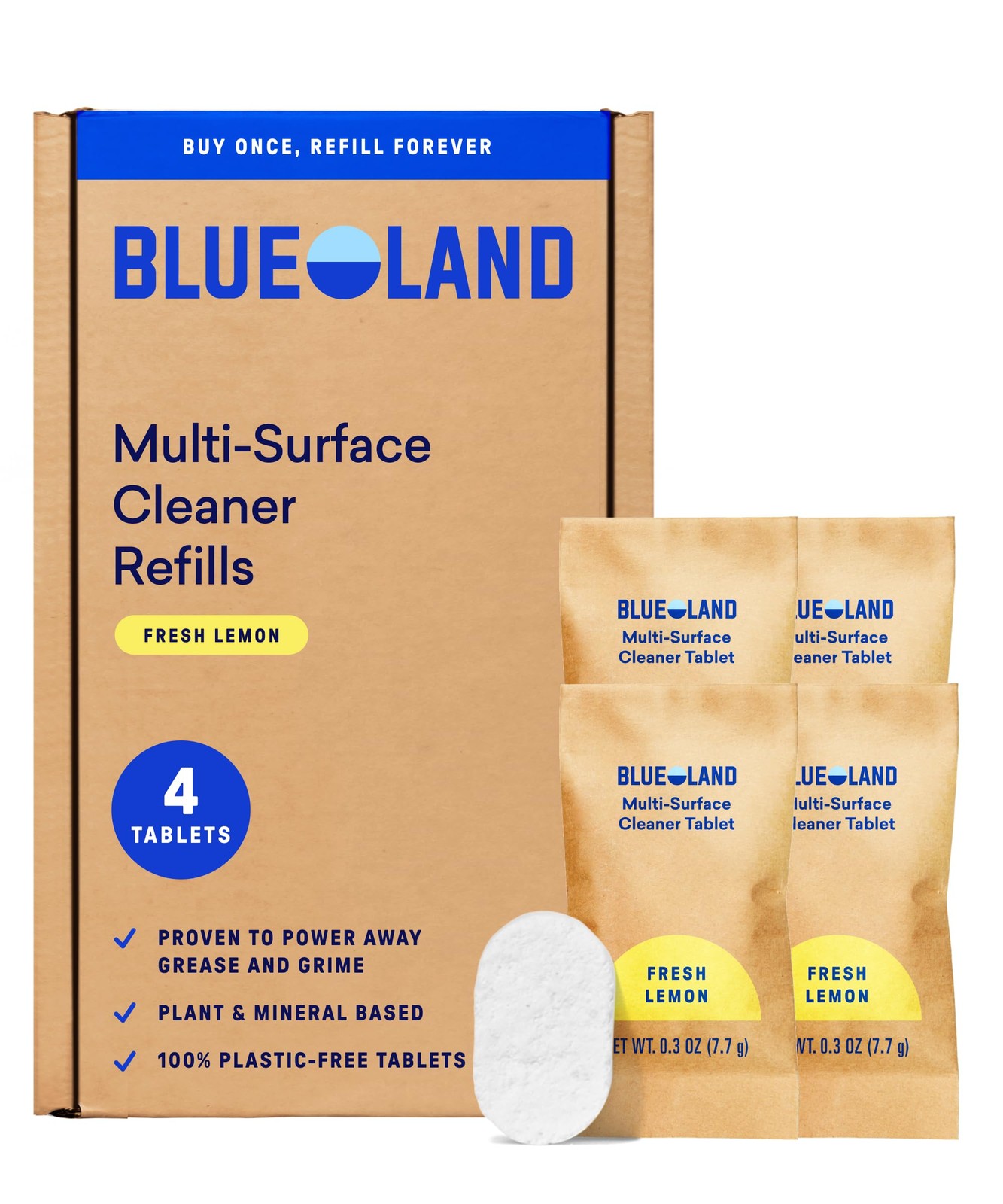 BLUELAND Multi-Surface Cleaner 4-Pack | Eco-Friendly Refill Tablets Fresh Lemon