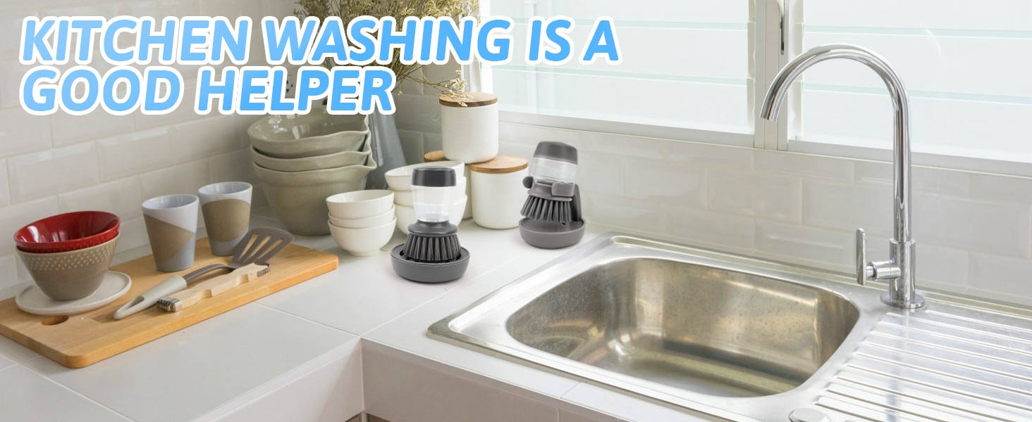 Kitchen Brush with Holder and Soap Dispensing Palm Brush Storage Set for Kitchen