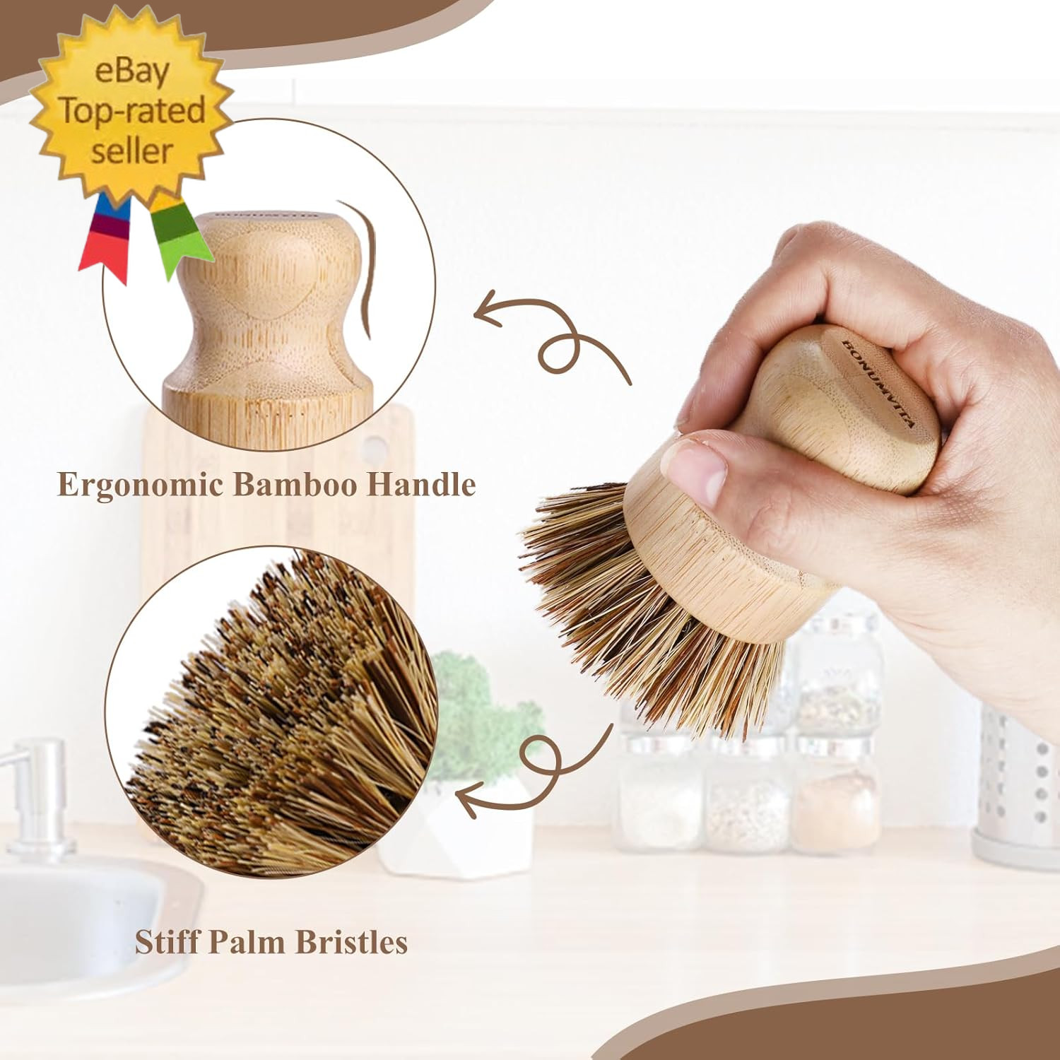 Bamboo Dish Brush Set,4 Pack Kitchen Palm Pot Brush with Union Fiber, Natural