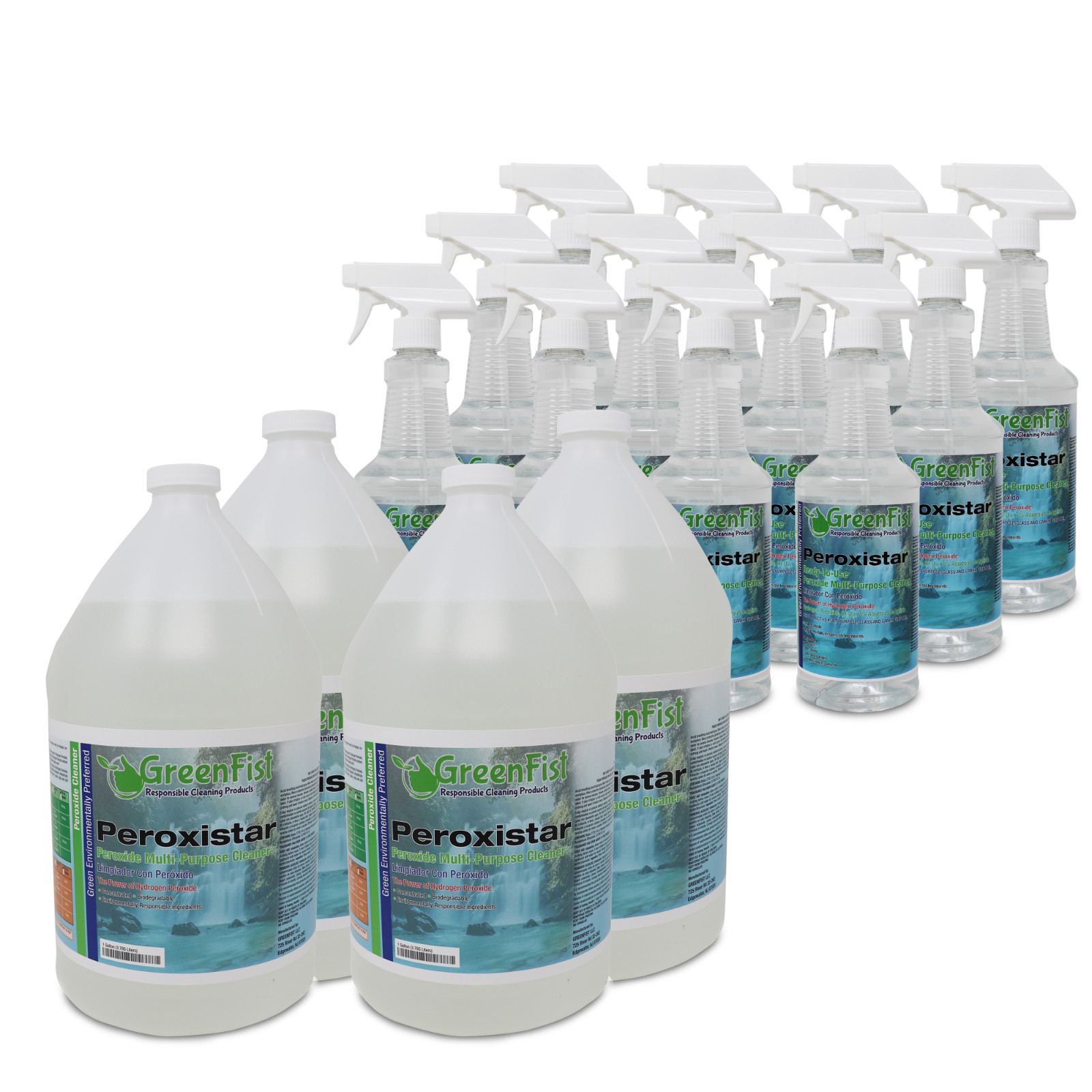 GreenFist Peroxide Cleaner Concentrated 4 X 1 Gallon + Ready to Use 12 X 1 Quart