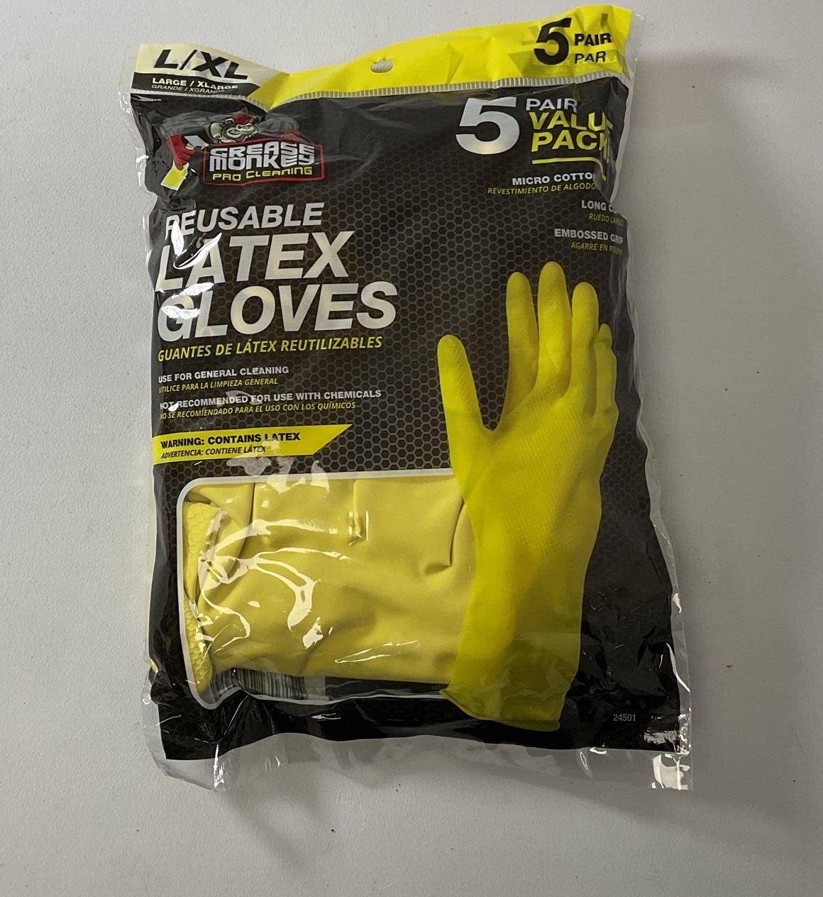 Grease Monkey Reusable Latex Gloves – 5 Pair Pack – Long Cuff – L/XL Yellow